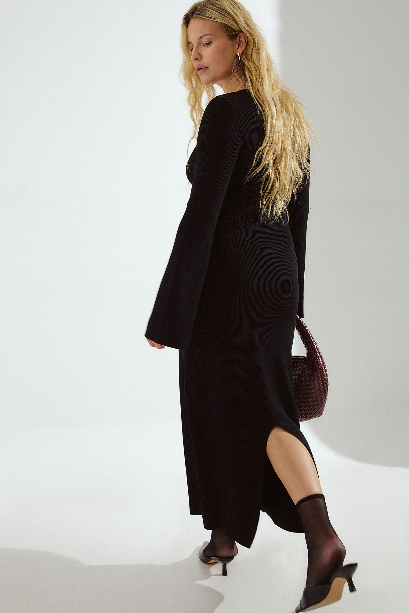 na kd long sleeve knitted dress Knitted Round Neck Frill Maxi Dress - Christmas Dresses - Brown
