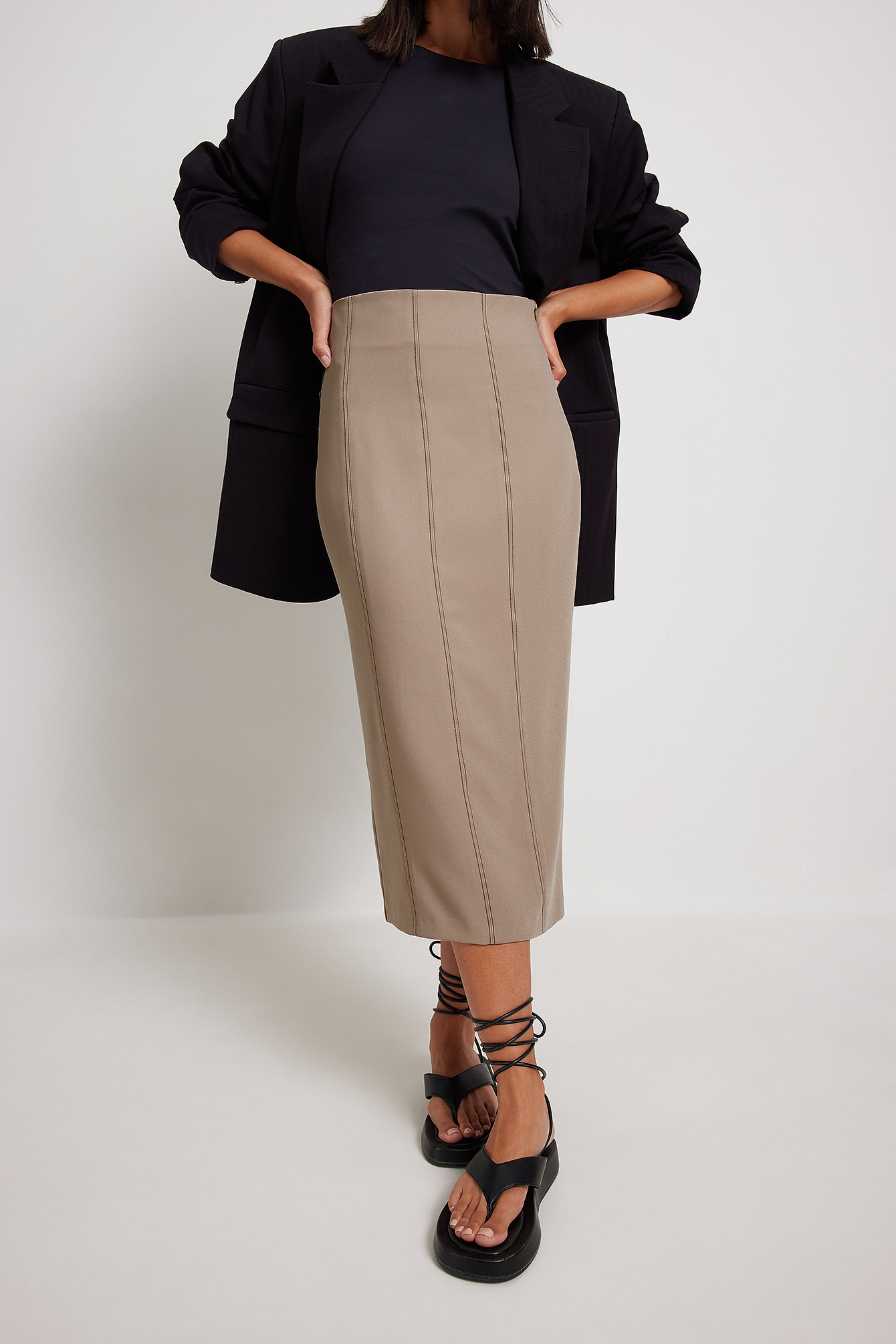Fitted Contrast Stitch Midi Skirt Beige 