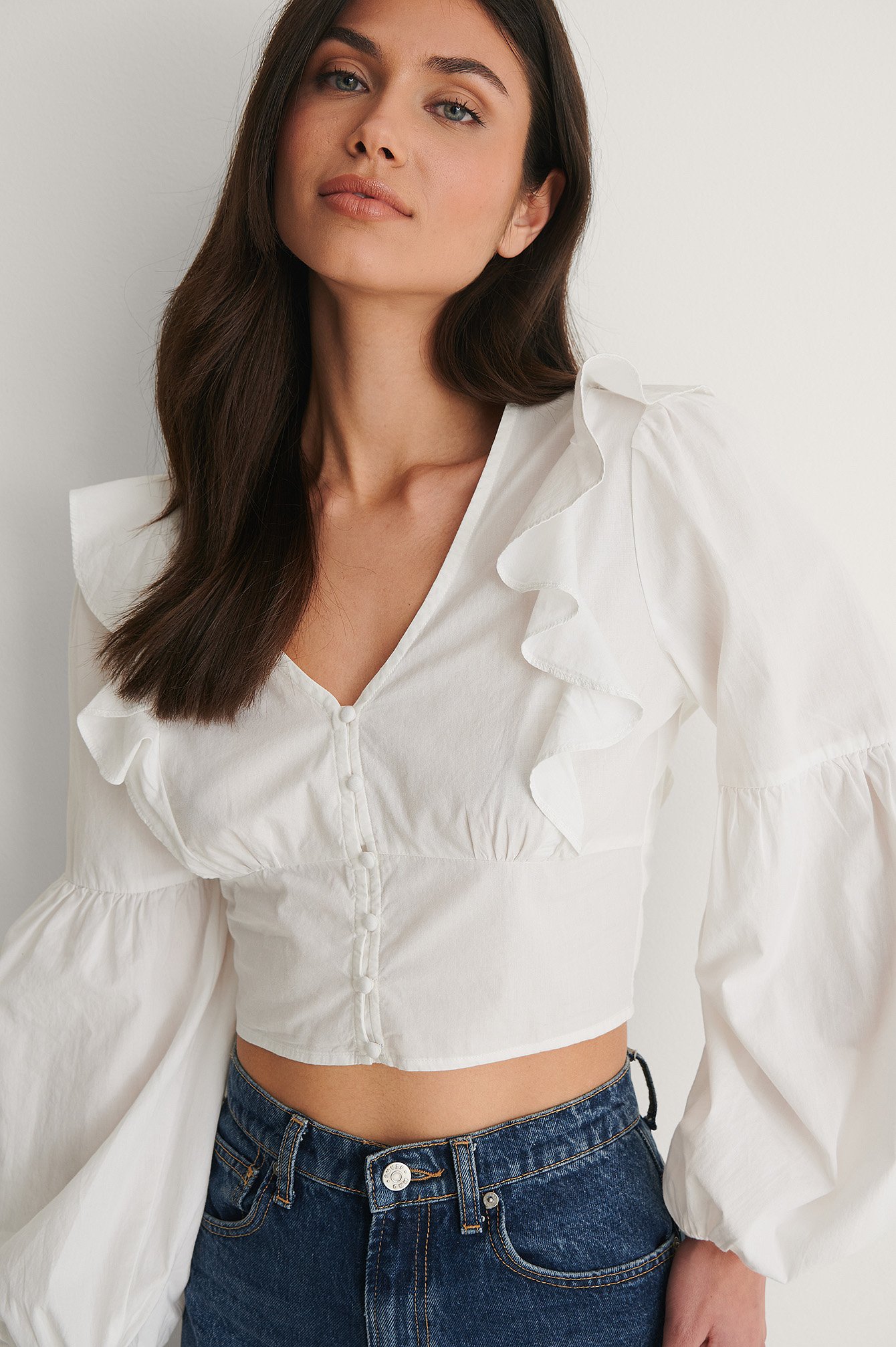 Buttoned Cotton Frill Blouse White | NA-KD
