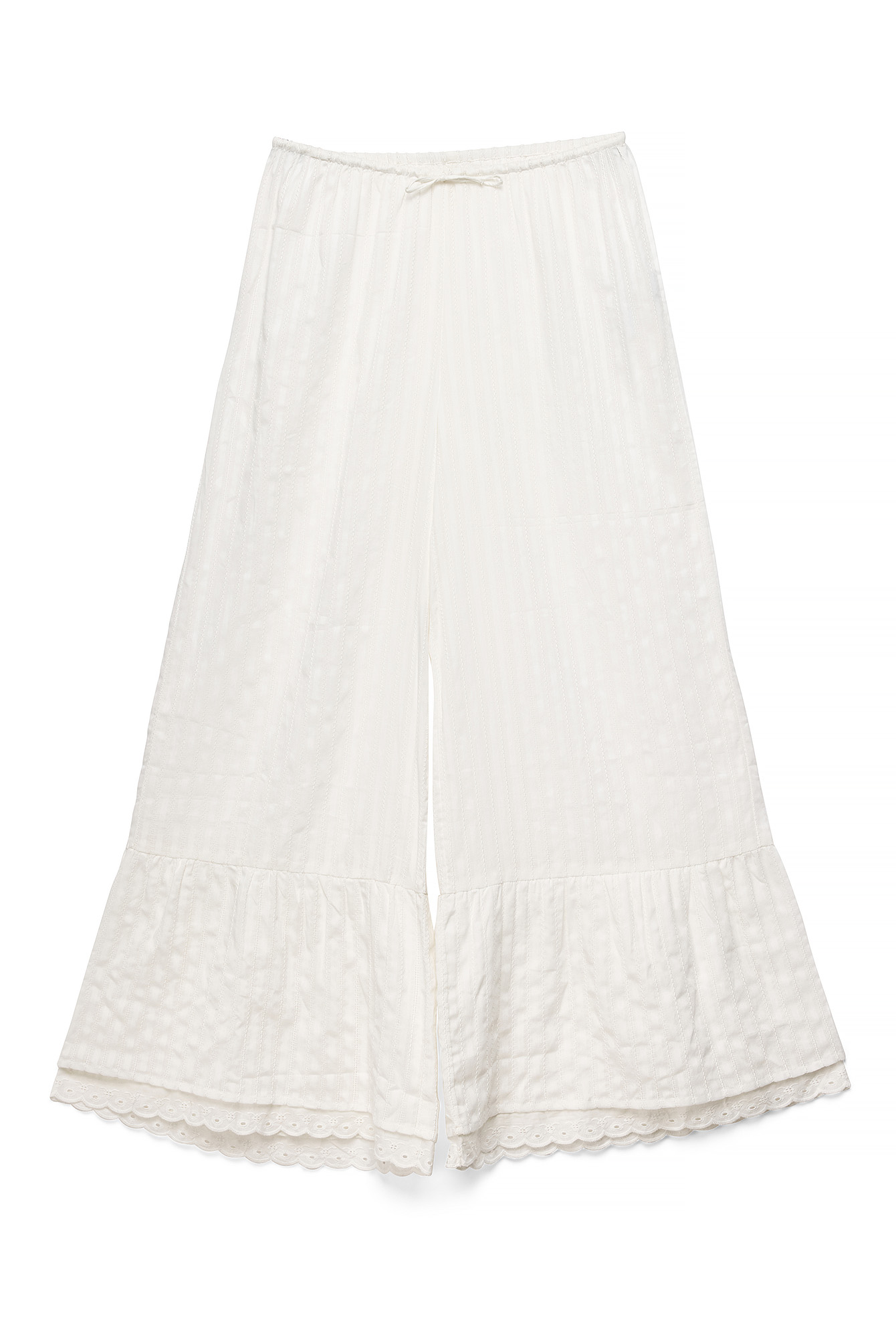 White Flounce Detail Cotton Trousers