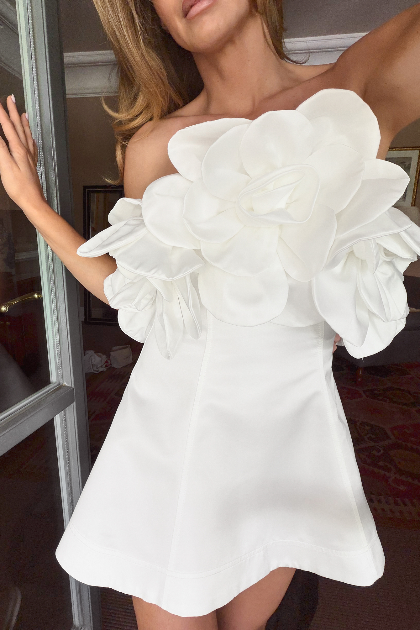 floral-appliqué bandeau a-line mini dress in white Elsa White Floral Applique Mini Dress S