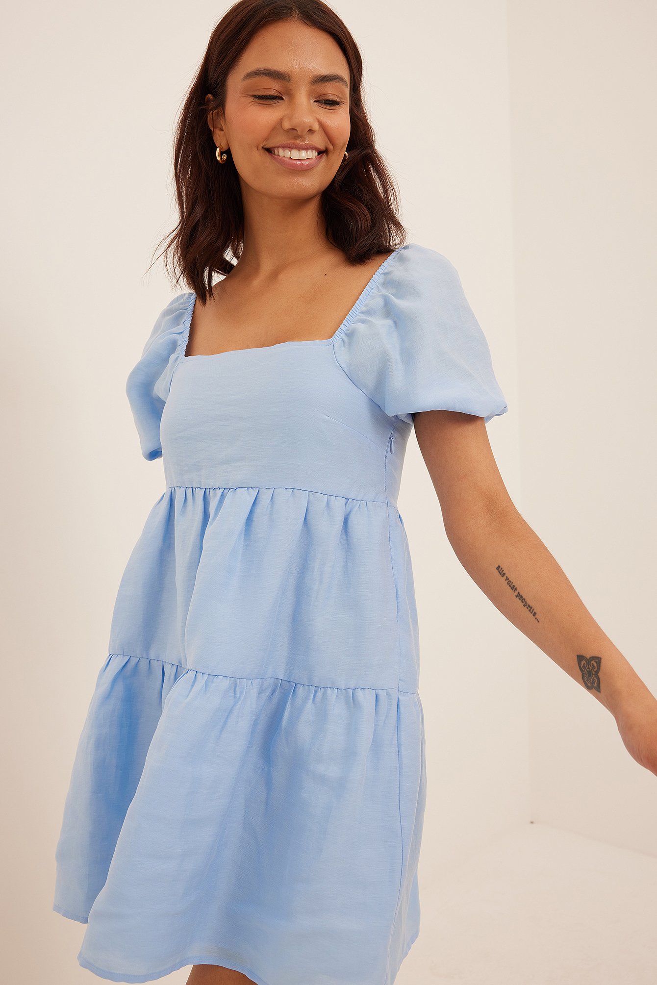 Blue Flowy Linen Mini Dress
