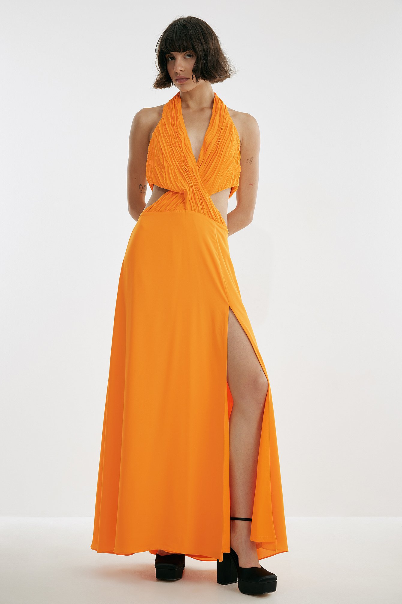Warm Orange Flowy Maxi Halterneck Dress