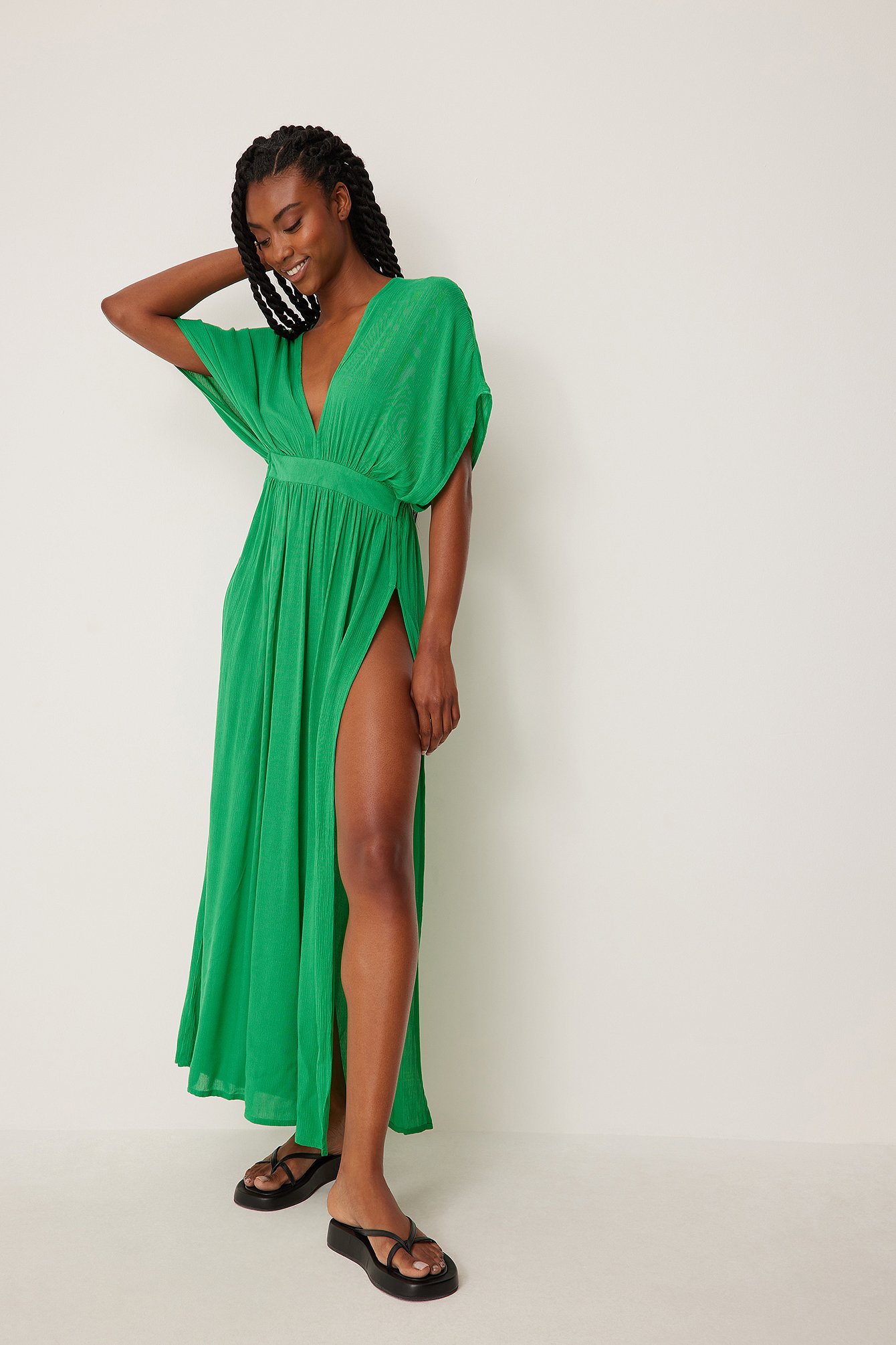 Green Flowy Midi High Slit Dress