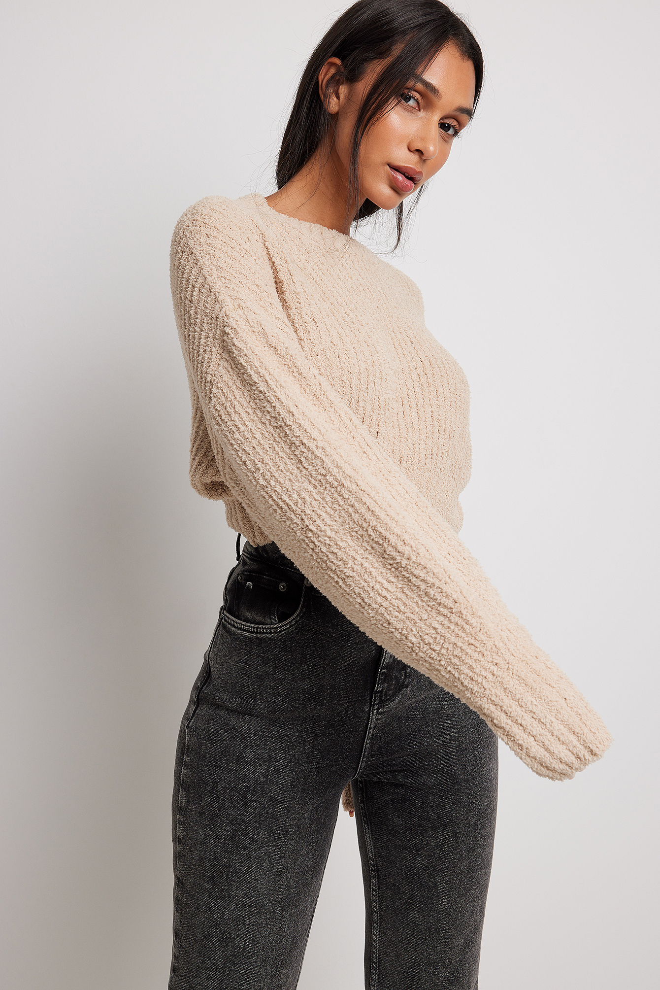 Fluffy Knitted Round Neck Sweater Beige 