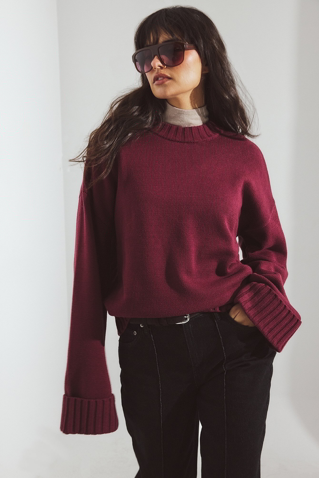 NA-KD Folded Sleeve Knitted Sweater - Oversized Sweaters - Burgundy - XL (EU 46) - NA-KD / NAKD