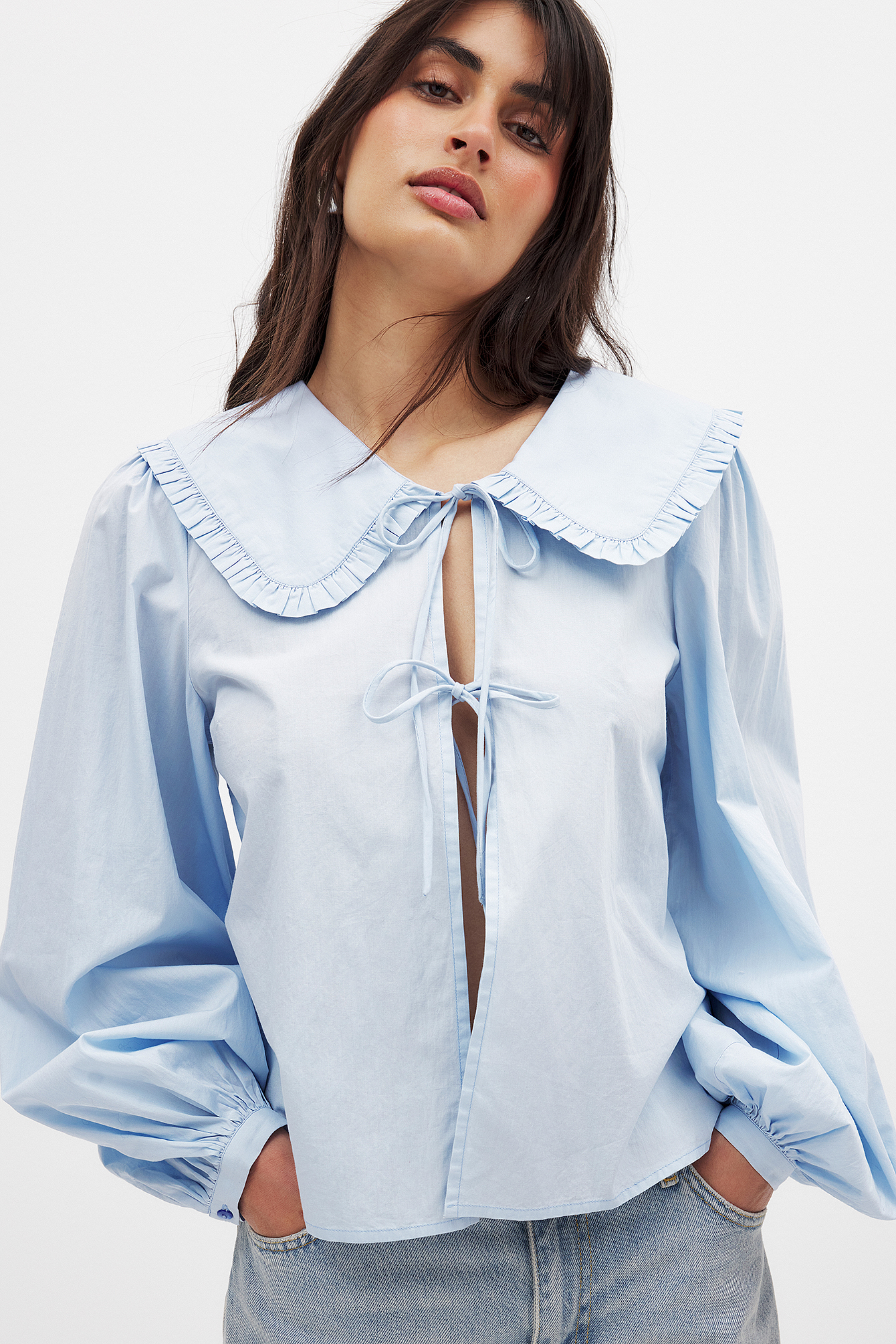 NA-KD Frill Collar Cotton Blouse - Blouses - Blue - EU 40 - NA-KD / NAKD