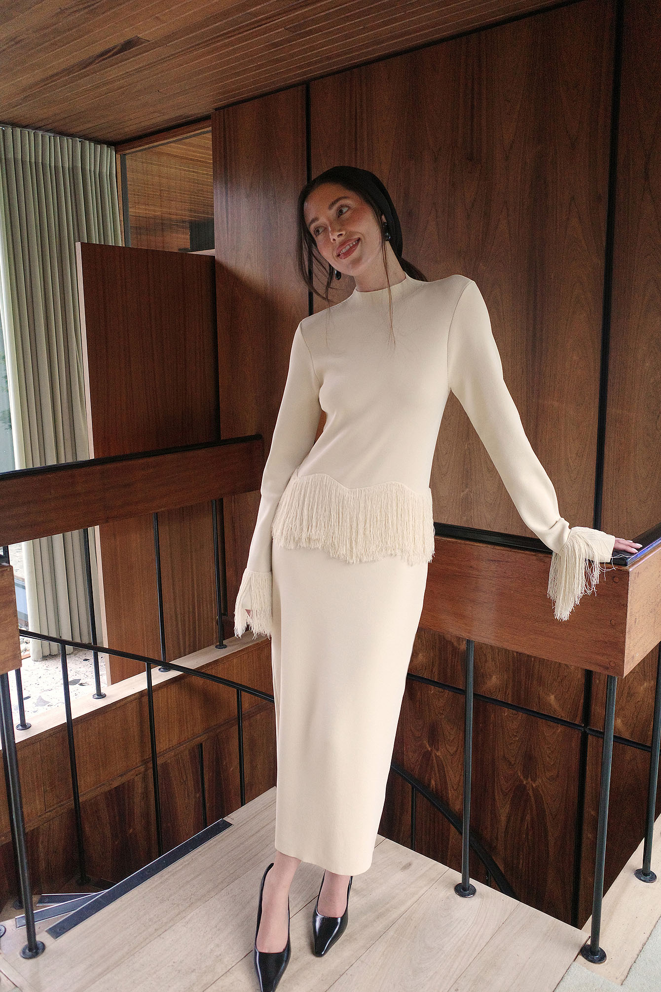 Jourdan Sloane x NA-KD Fringe Detail Knitted Midi Dress - Long Sleeve Maxi Dresses - Beige - XS (EU 32) - NA-KD / NAKD