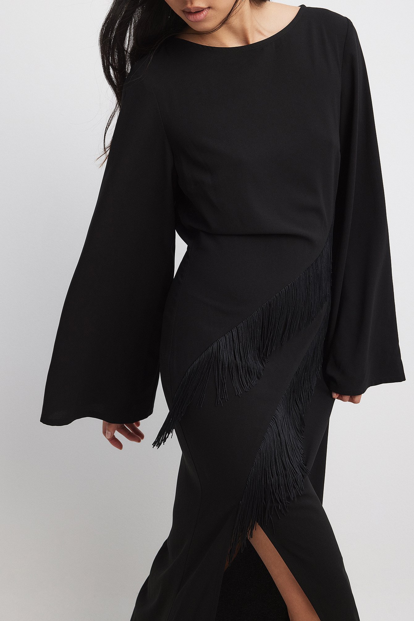 Fringe Detail Open Back Maxi Dress Black | NA-KD