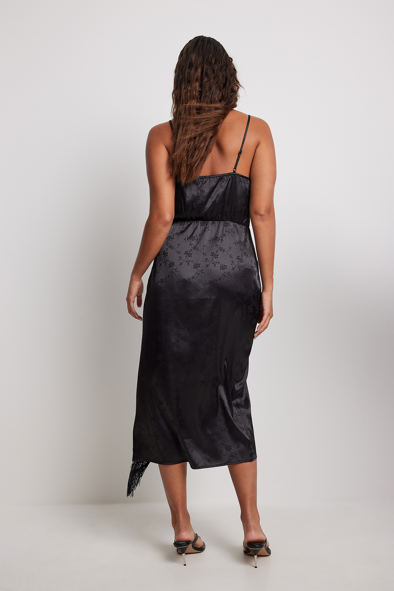 Fringe Jacquard Satin Maxi Dress Black