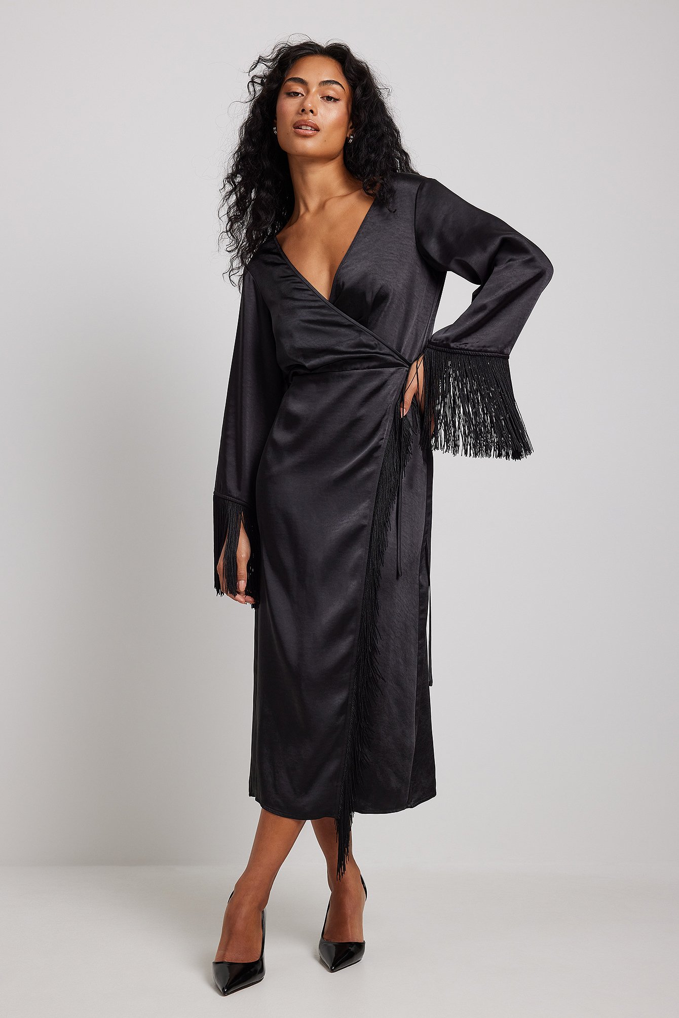 Black Fringes Detail Satin Midi Dress