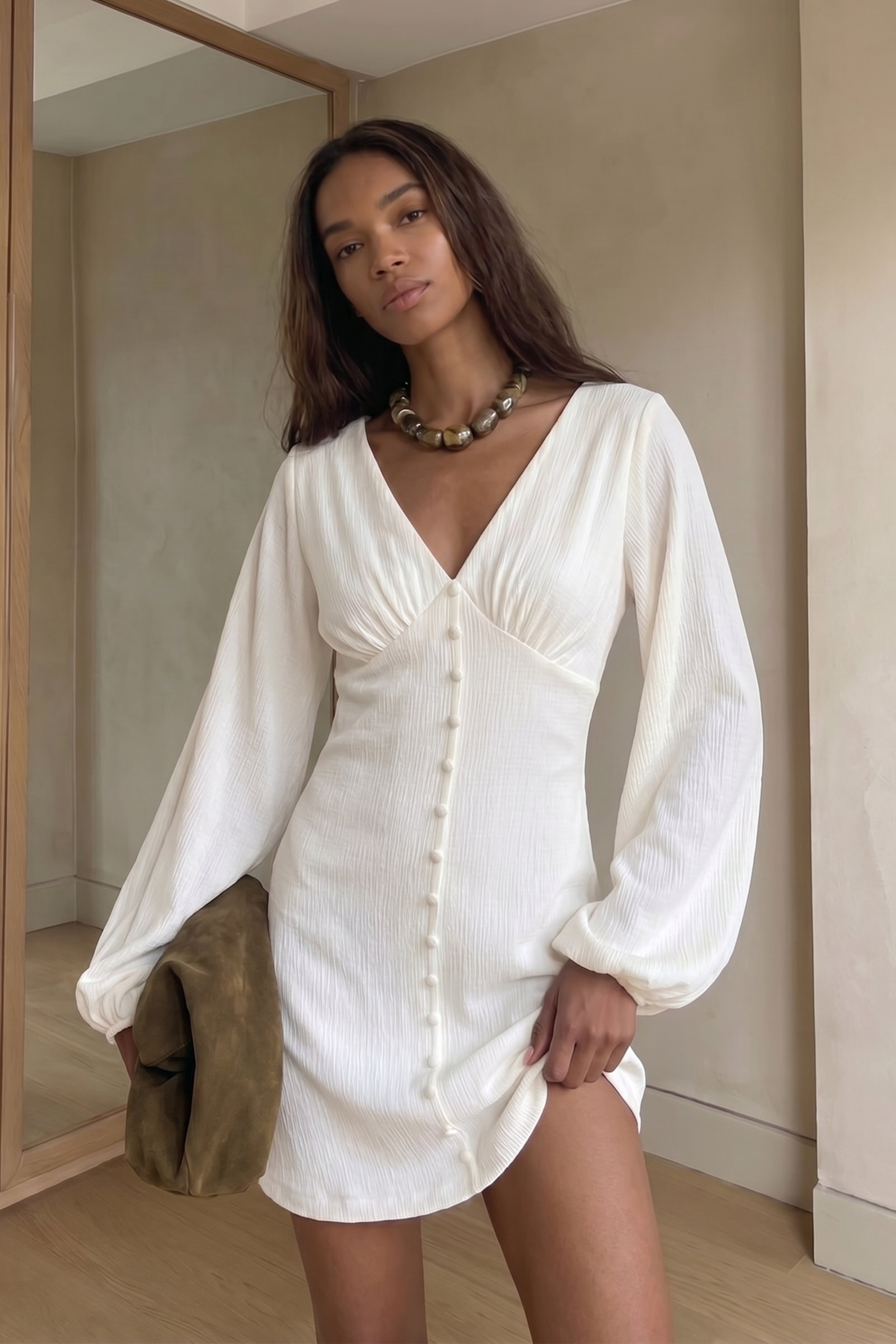 Front Button Balloon Sleeve Mini Dress Offwhite | NA-KD