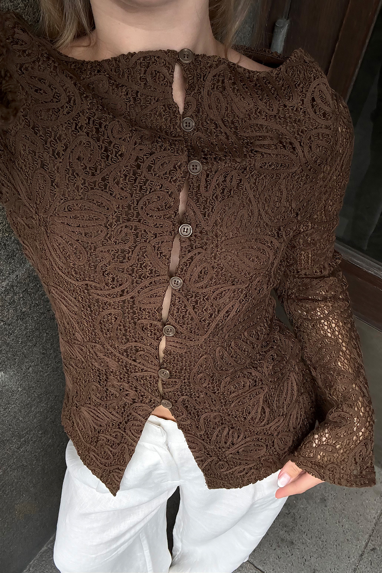Front Button Crochet Top Brown | NA-KD