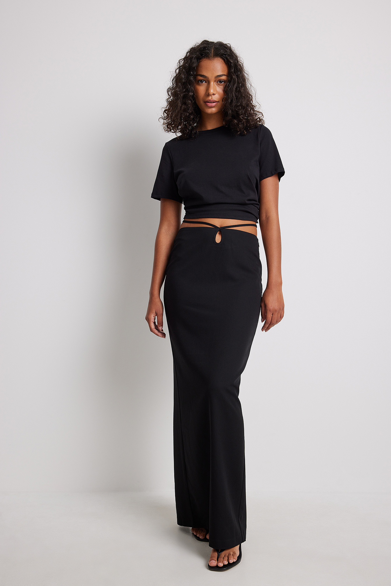 Black Front Detailed Tie Maxi Skirt