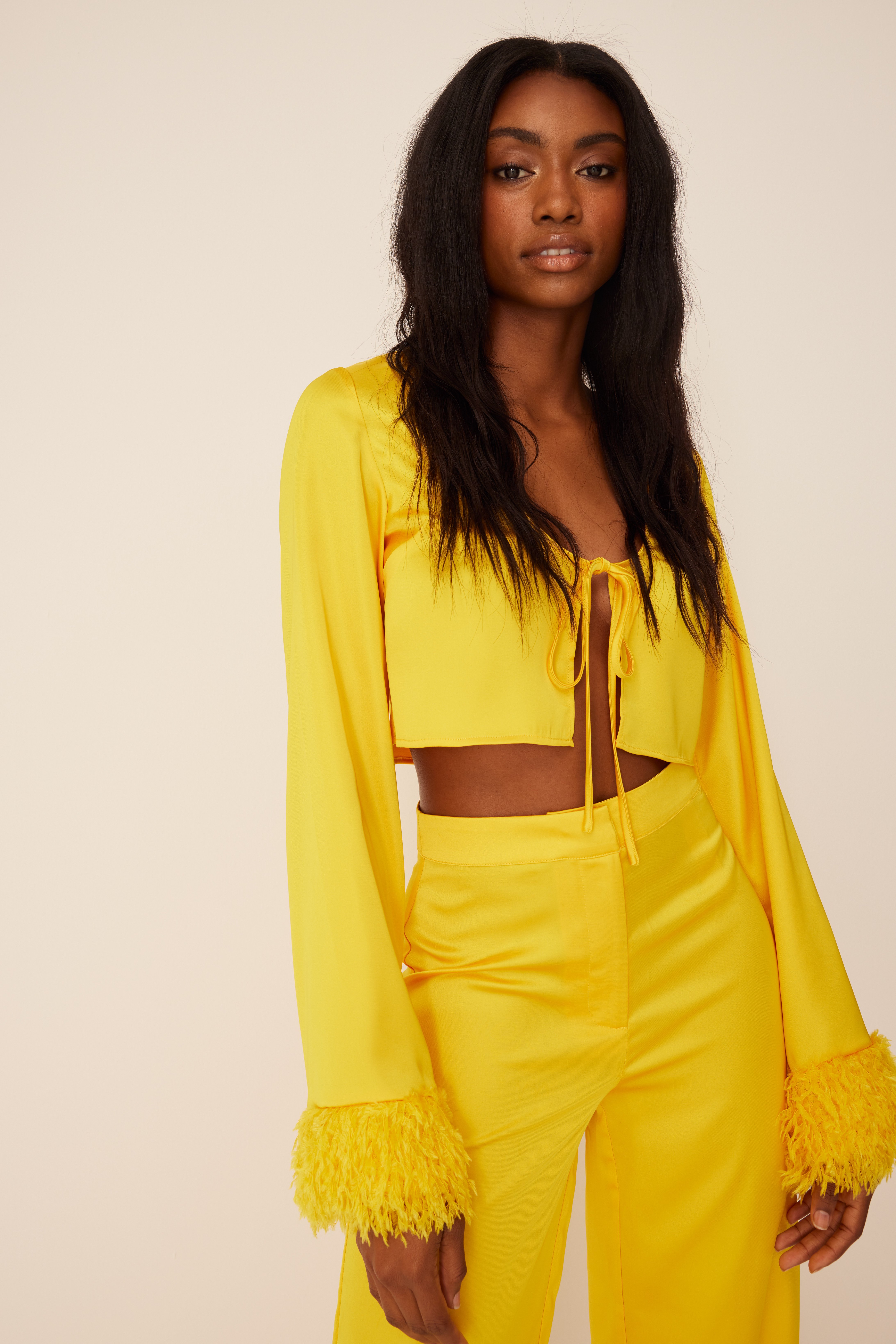NA-KD Party Front Tie Faux Feather Satin Top - Yellow