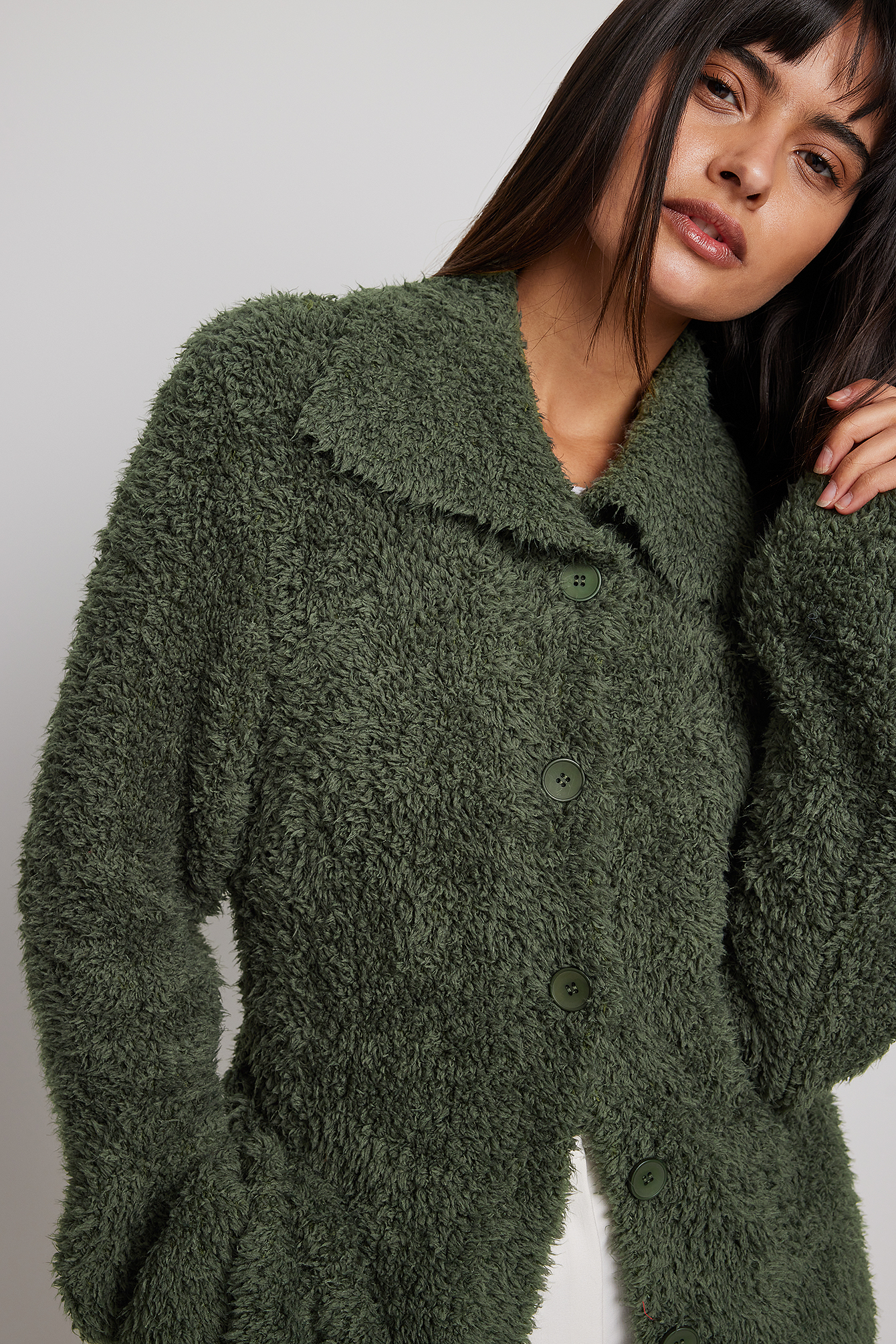 Fuzzy Knitted Collar Cardigan Green 