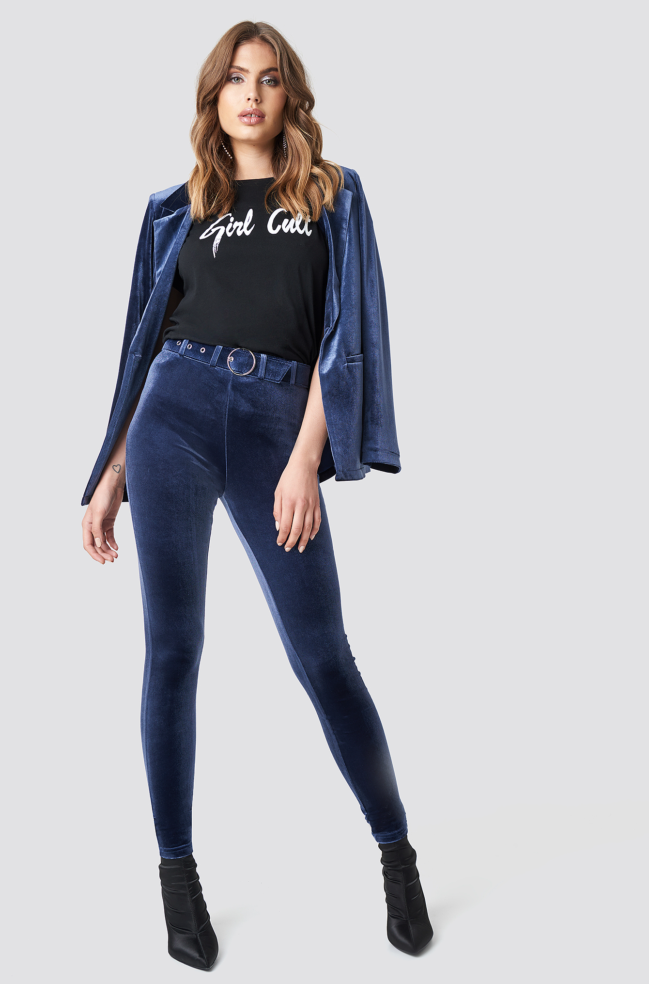 High Waist Belted Velvet Pants Blue