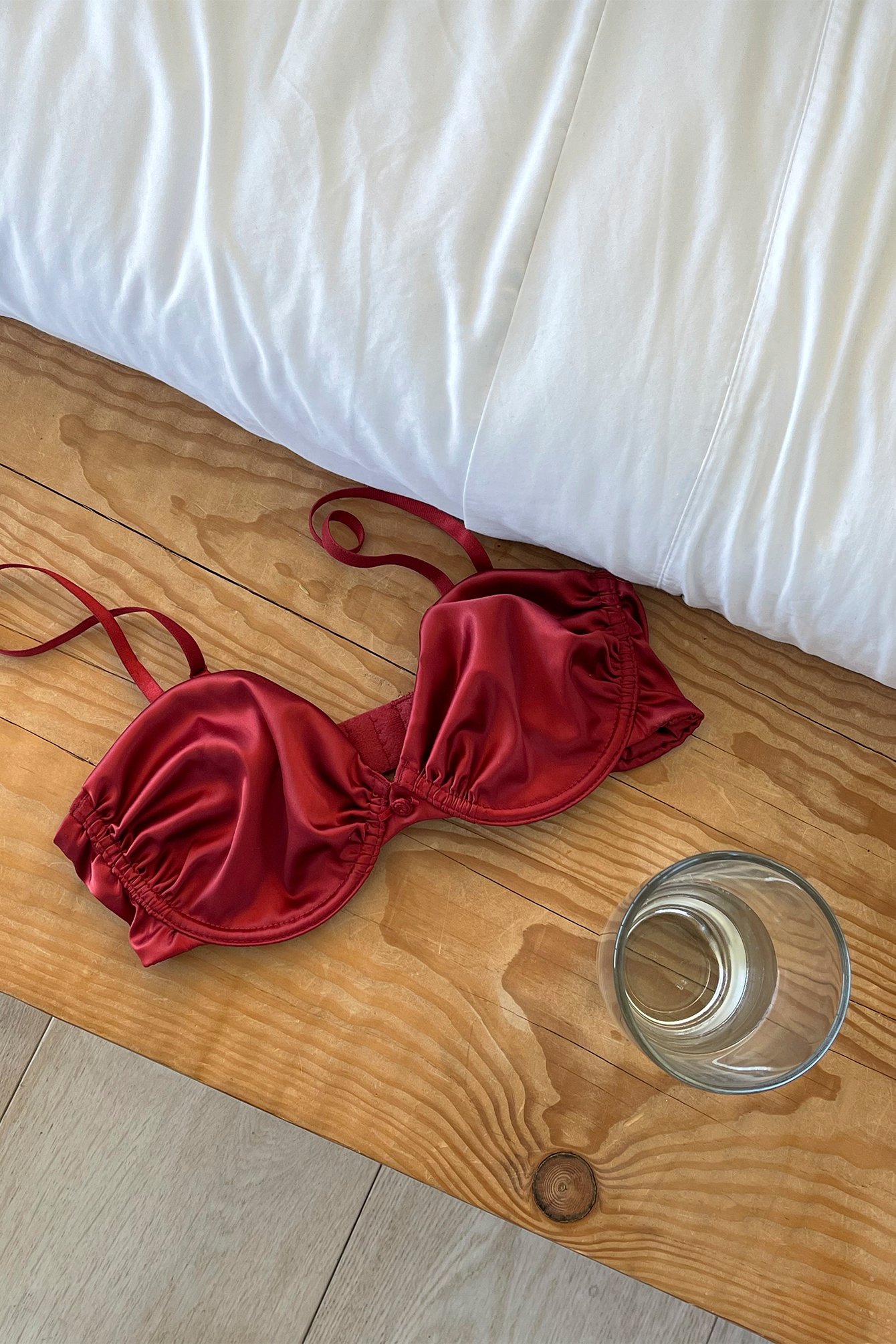 Gathered Cup Satin Bra Red