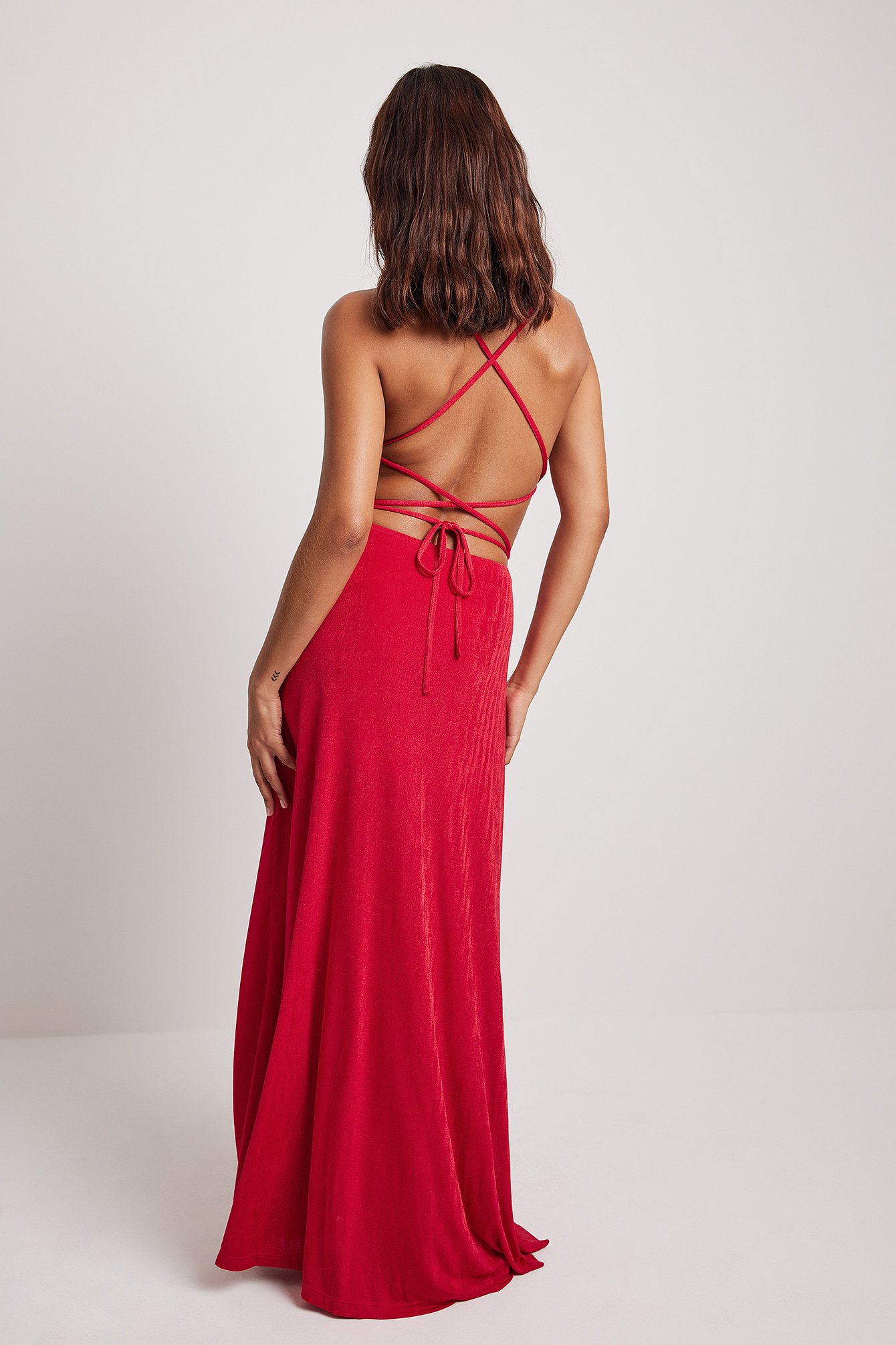 Red Gathered Open Back Maxi Dress