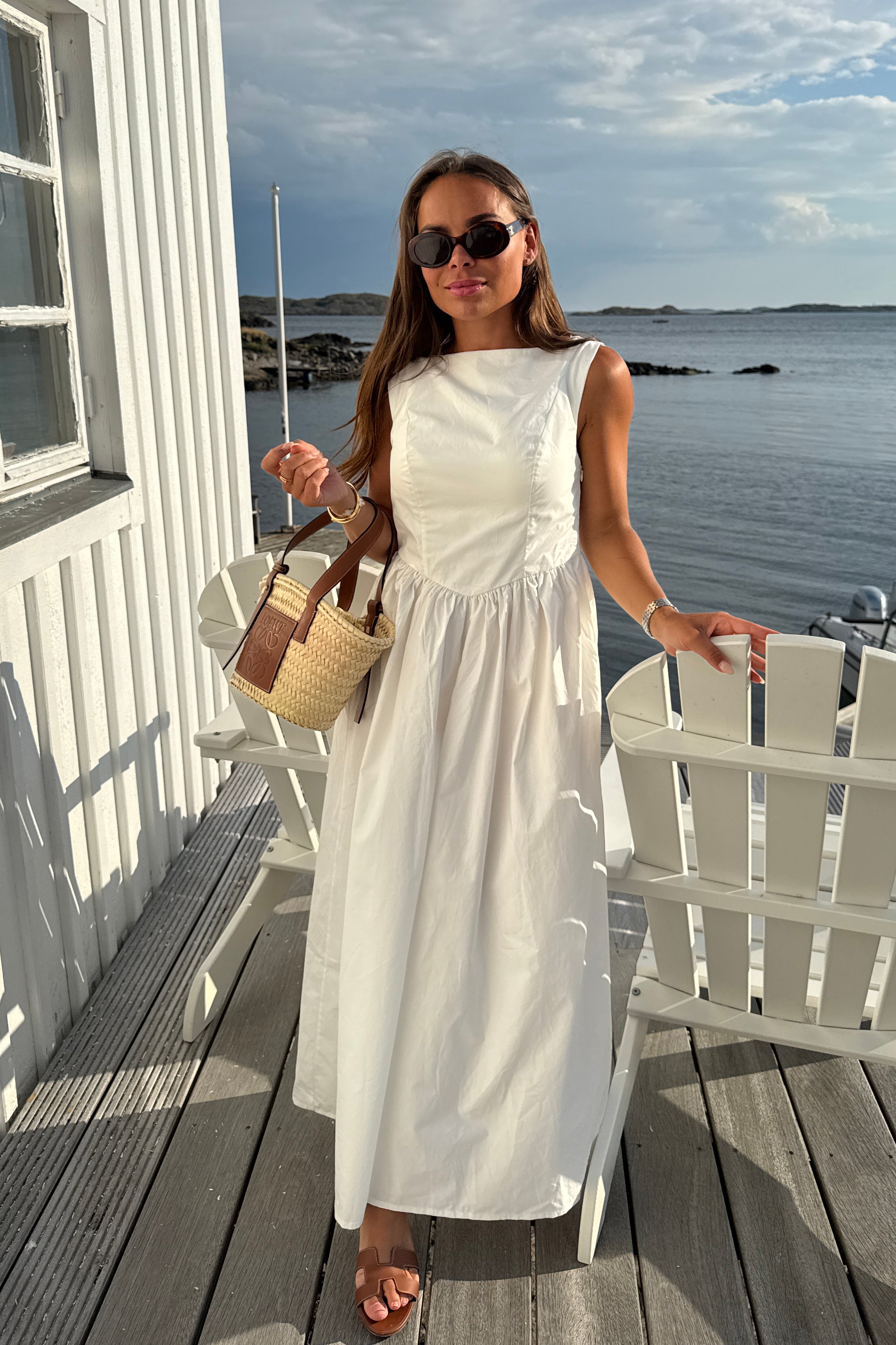 Cotton Boat Neck Midi Dress White