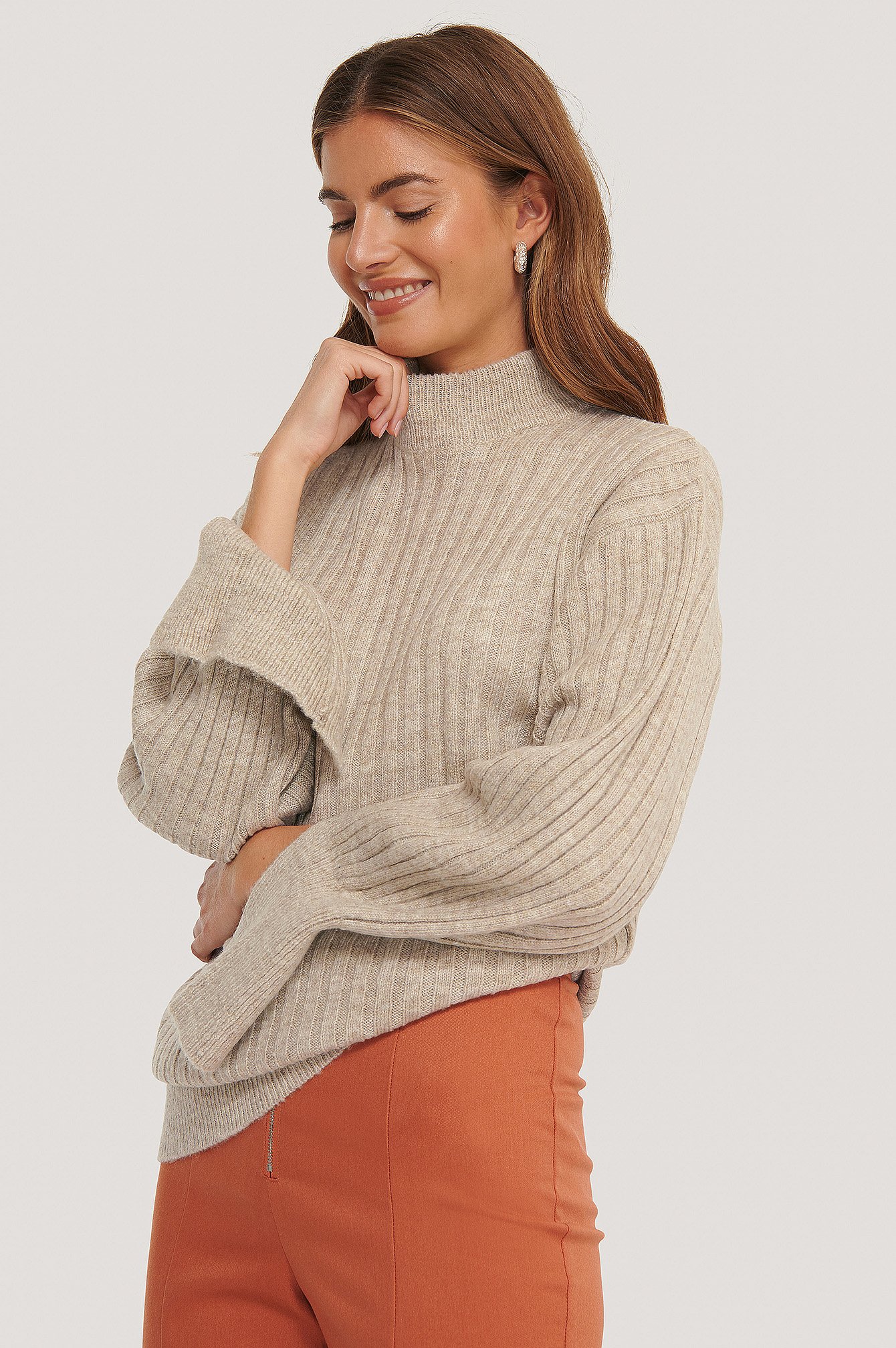 Light Beige Cuff Slit Knitted Sweater