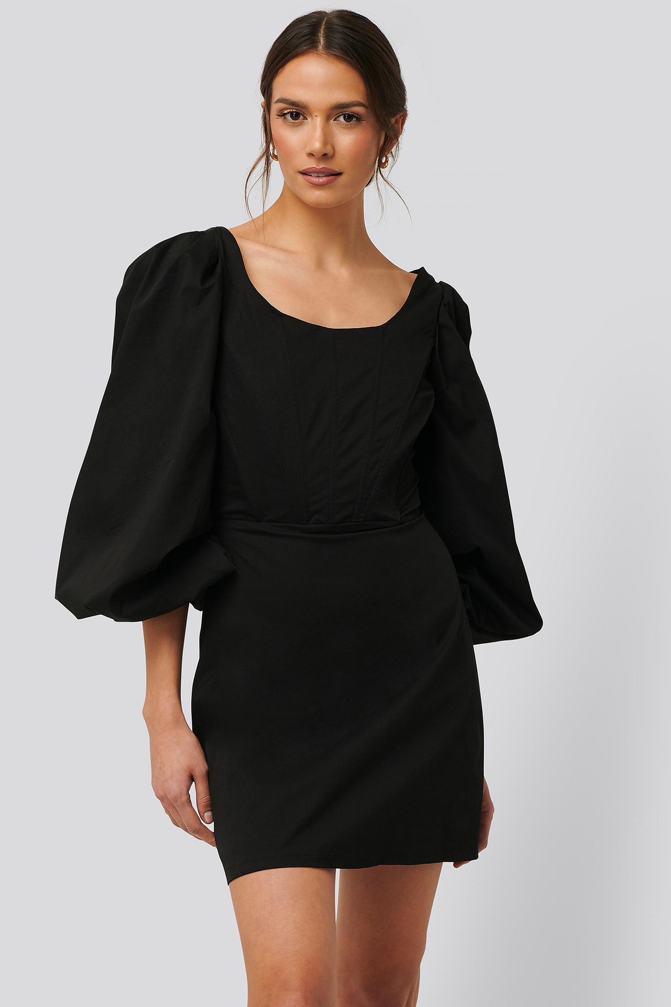 Long Sleeve Corset Detail Mini Dress Black