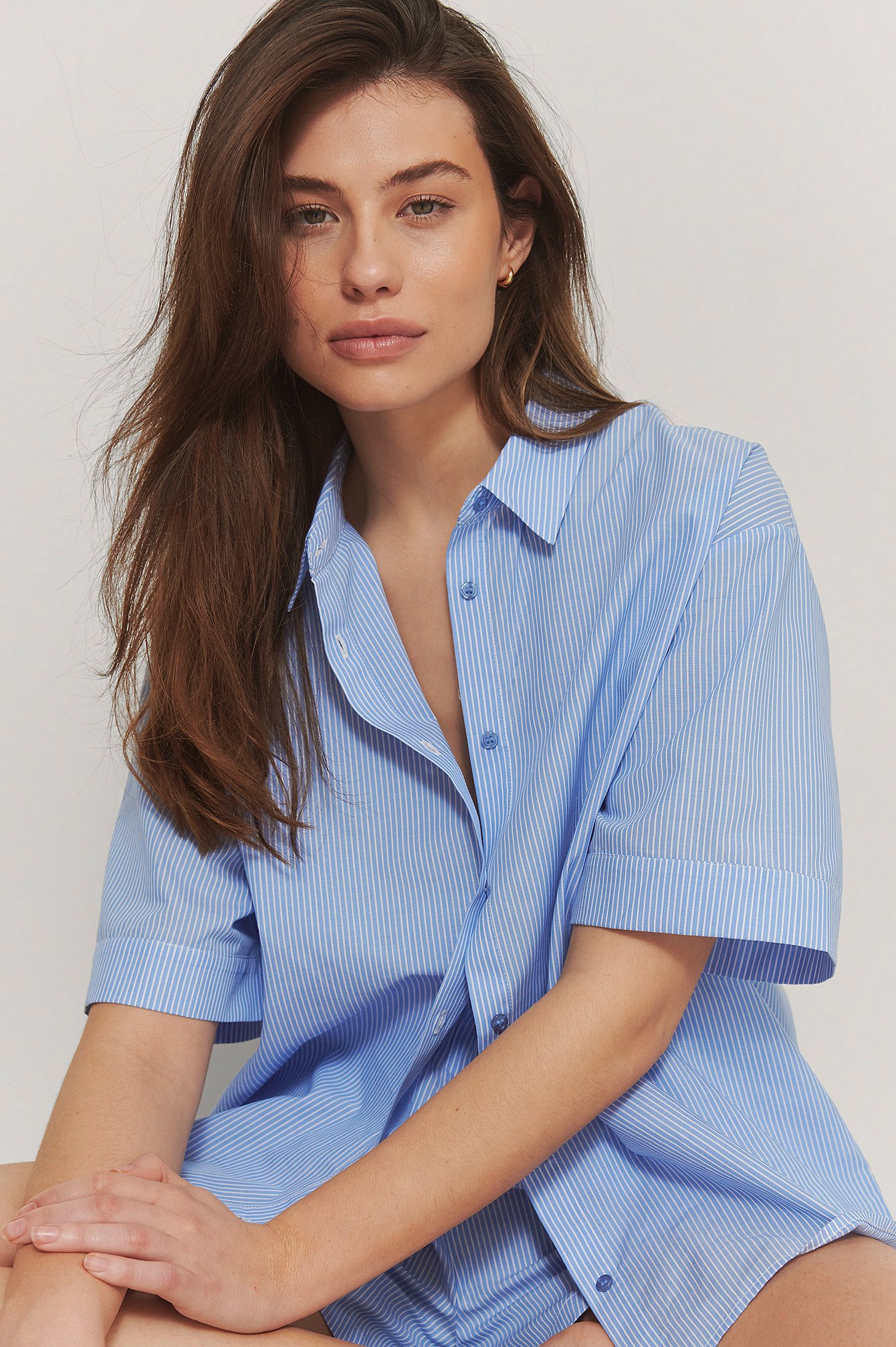 Blue Stripe Kort Erme Bomullsskjorte