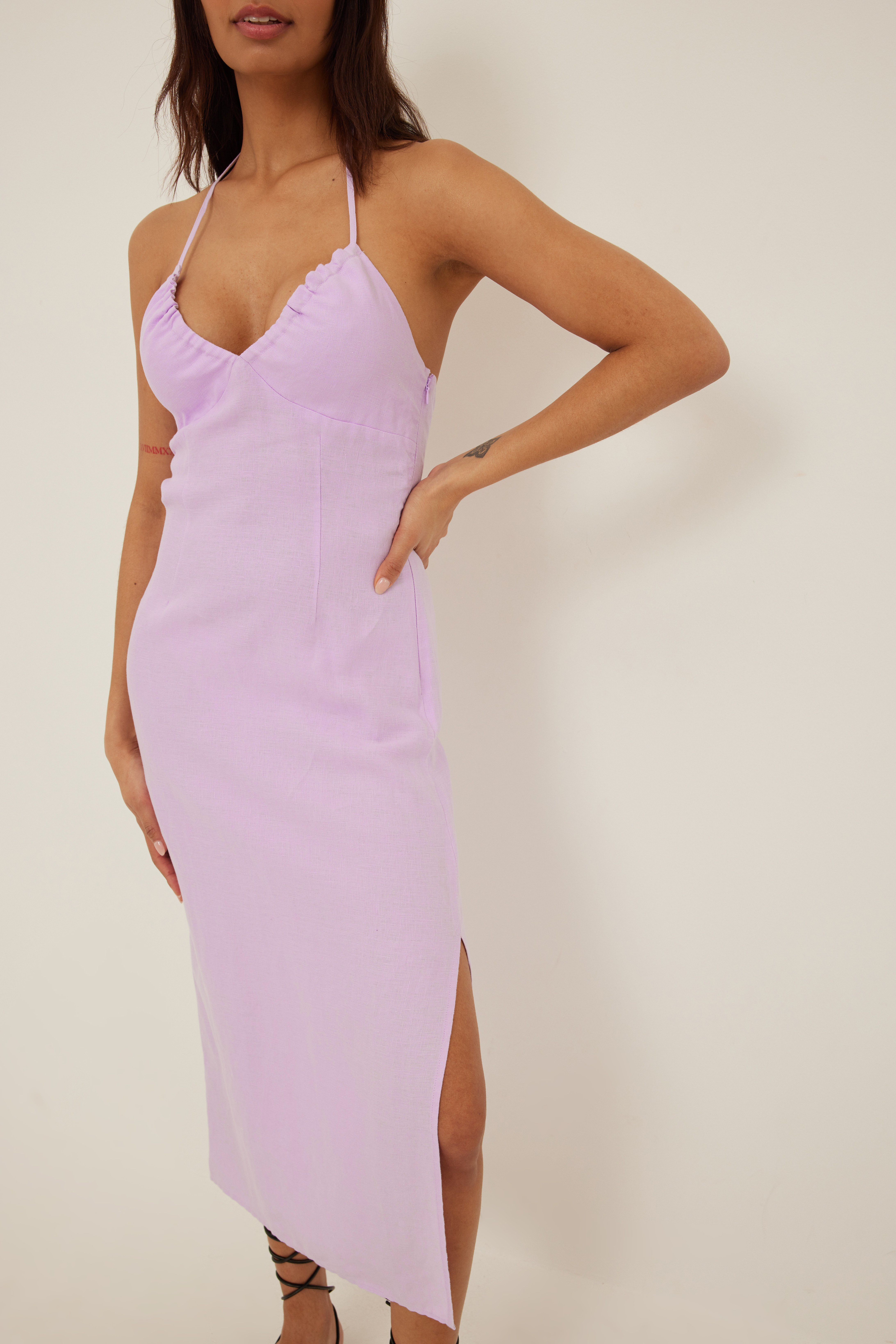 Lavender Halterneck Linen Midi Dress