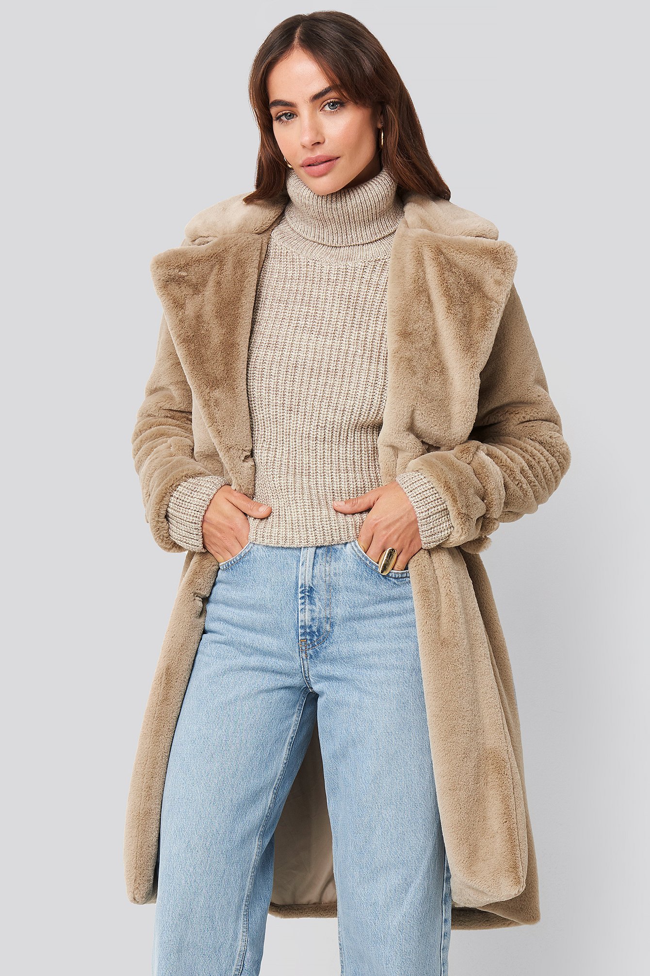 Beige Double Breasted Belted Faux Fur Coat