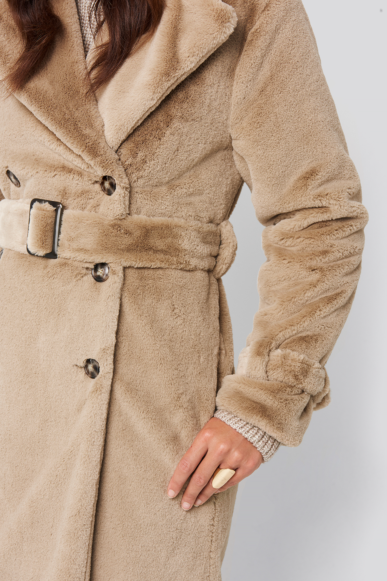 Double Breasted Belted Faux Fur Coat 