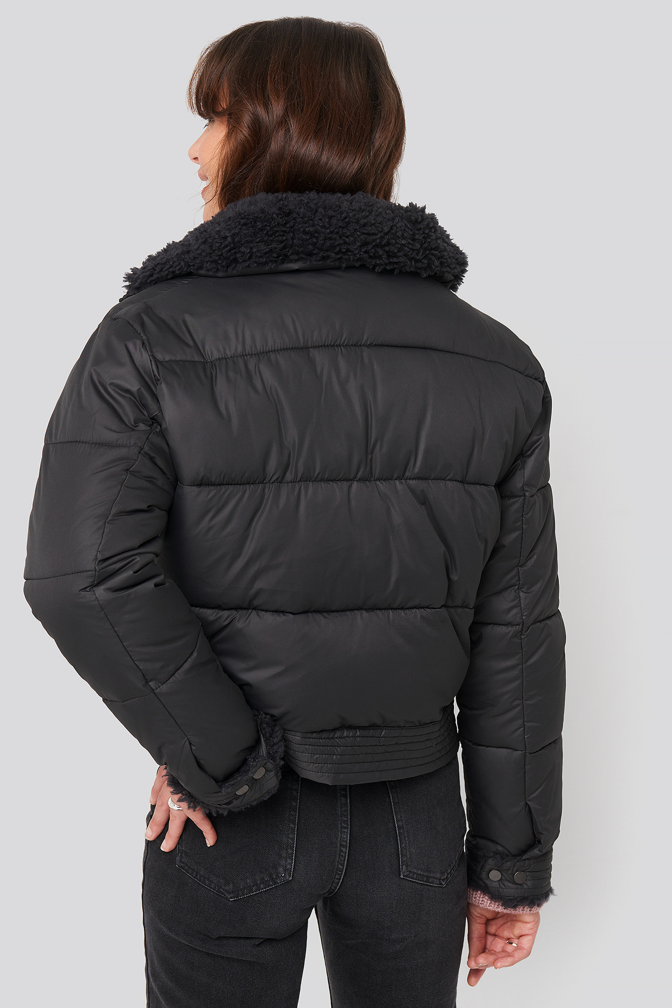 Faux Fur Detailed Puffer Jacket Black