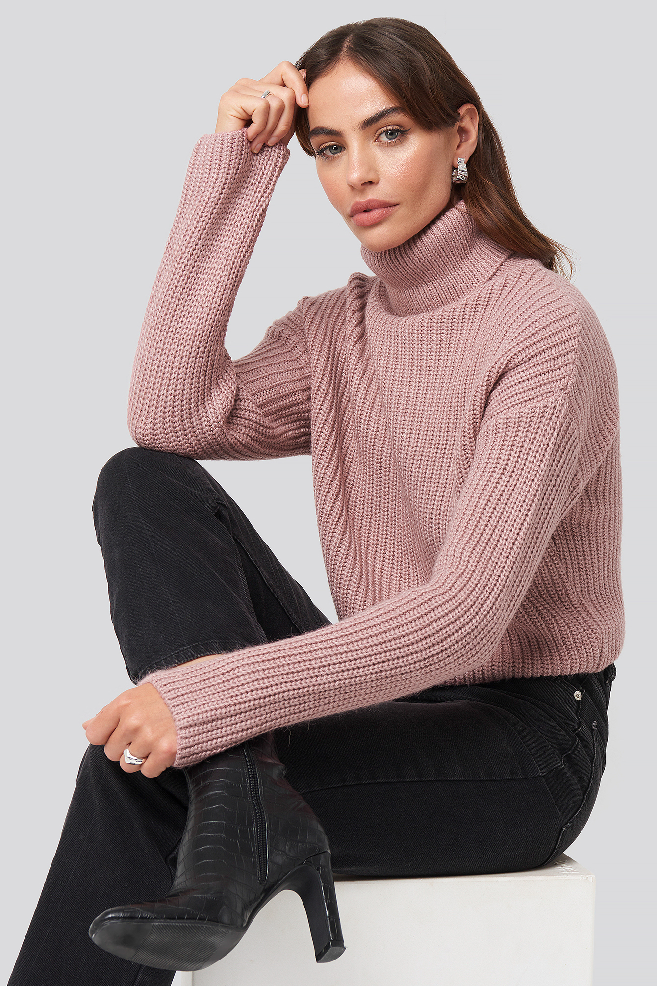 Folded Polo Neck Knitted Sweater Rosa