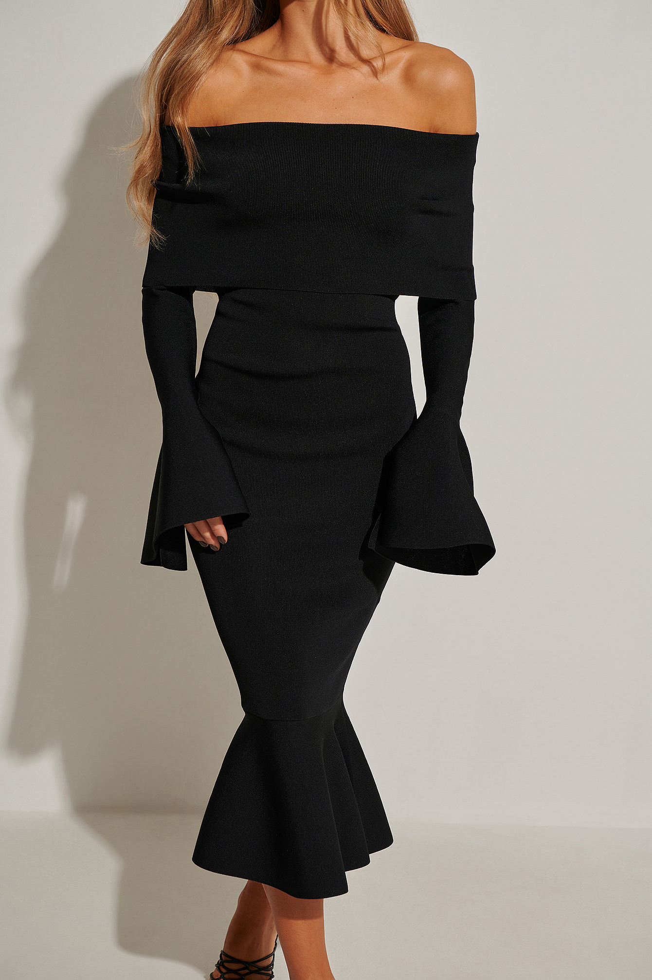 Off Shoulder Knitted Frill Dress Black 