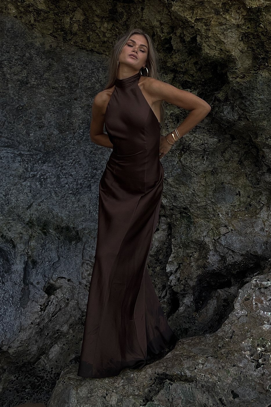 Hanna Schnberg X Na-kd Open Back Maxi Satin Dress In Brown Hanna Schnberg X Na-kd Open Back Maxi Satin Dress In Brown