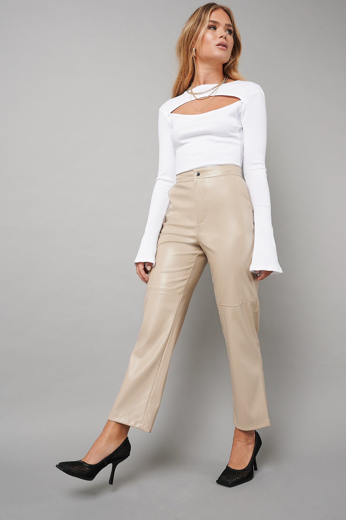 Beige Straight Faux Leather Pants