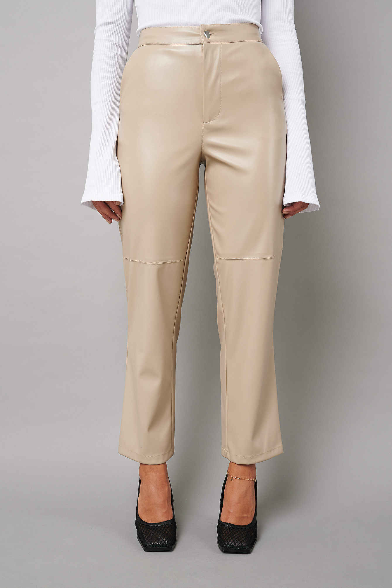 Straight Faux Leather Pants Beige
