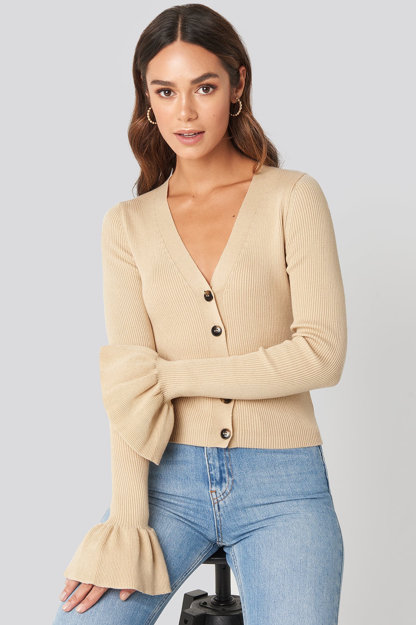Button Down Bell Sleeve Sweater Beige 