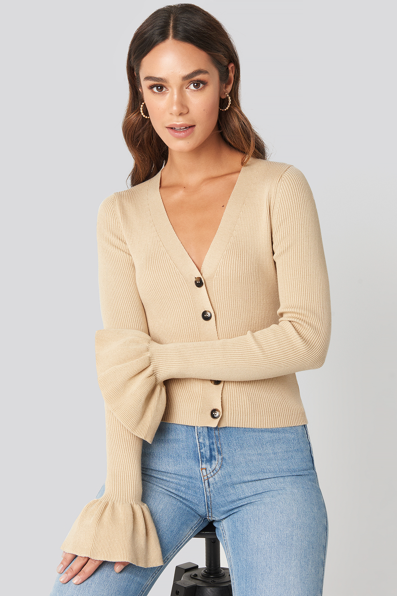 Button Down Bell Sleeve Sweater Beige