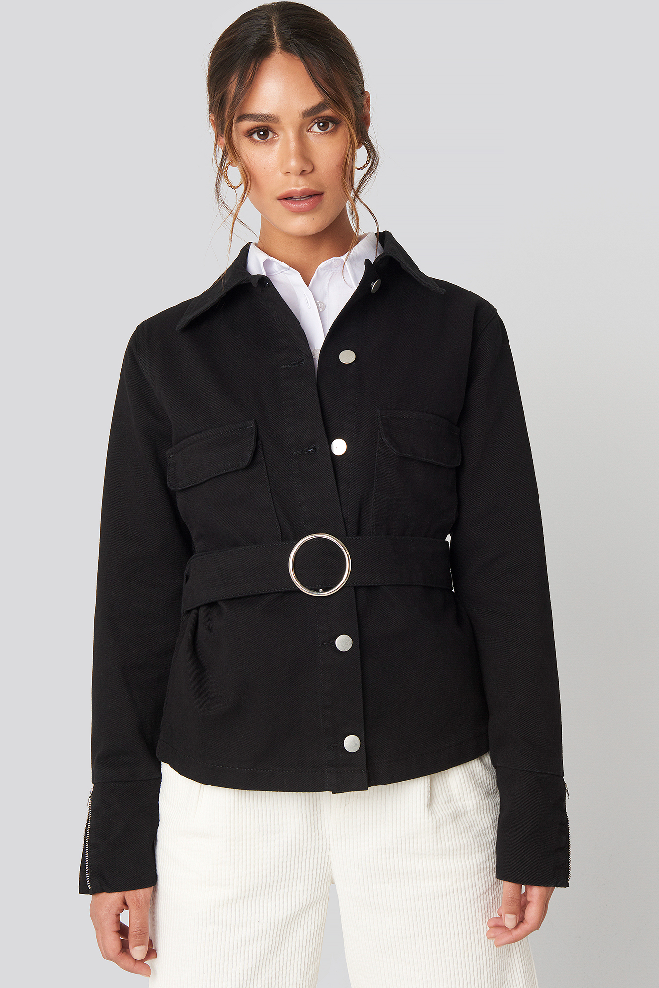 Button Down Belted Jacket Black