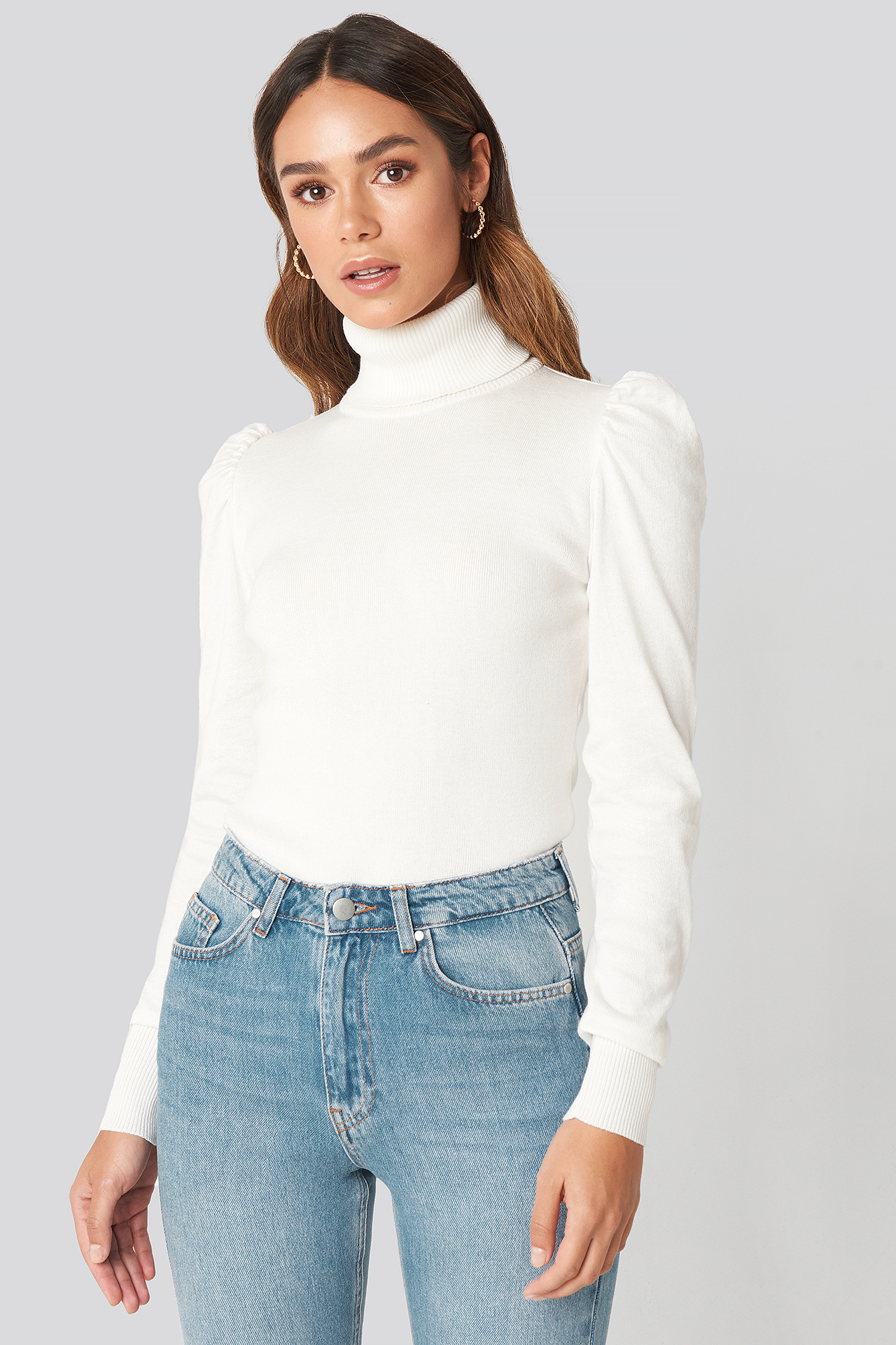 High Neck Puffy Shoulder Sweater White