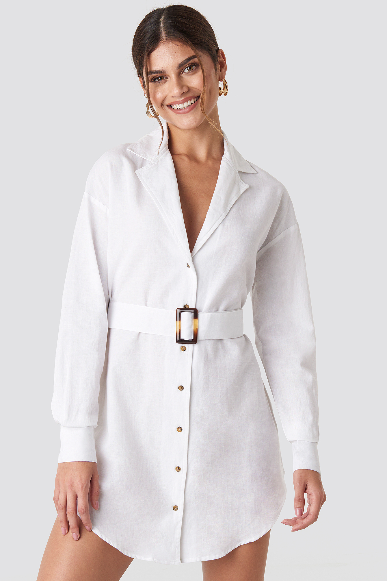 Belted Oversized Linen Look Shirt Dress White