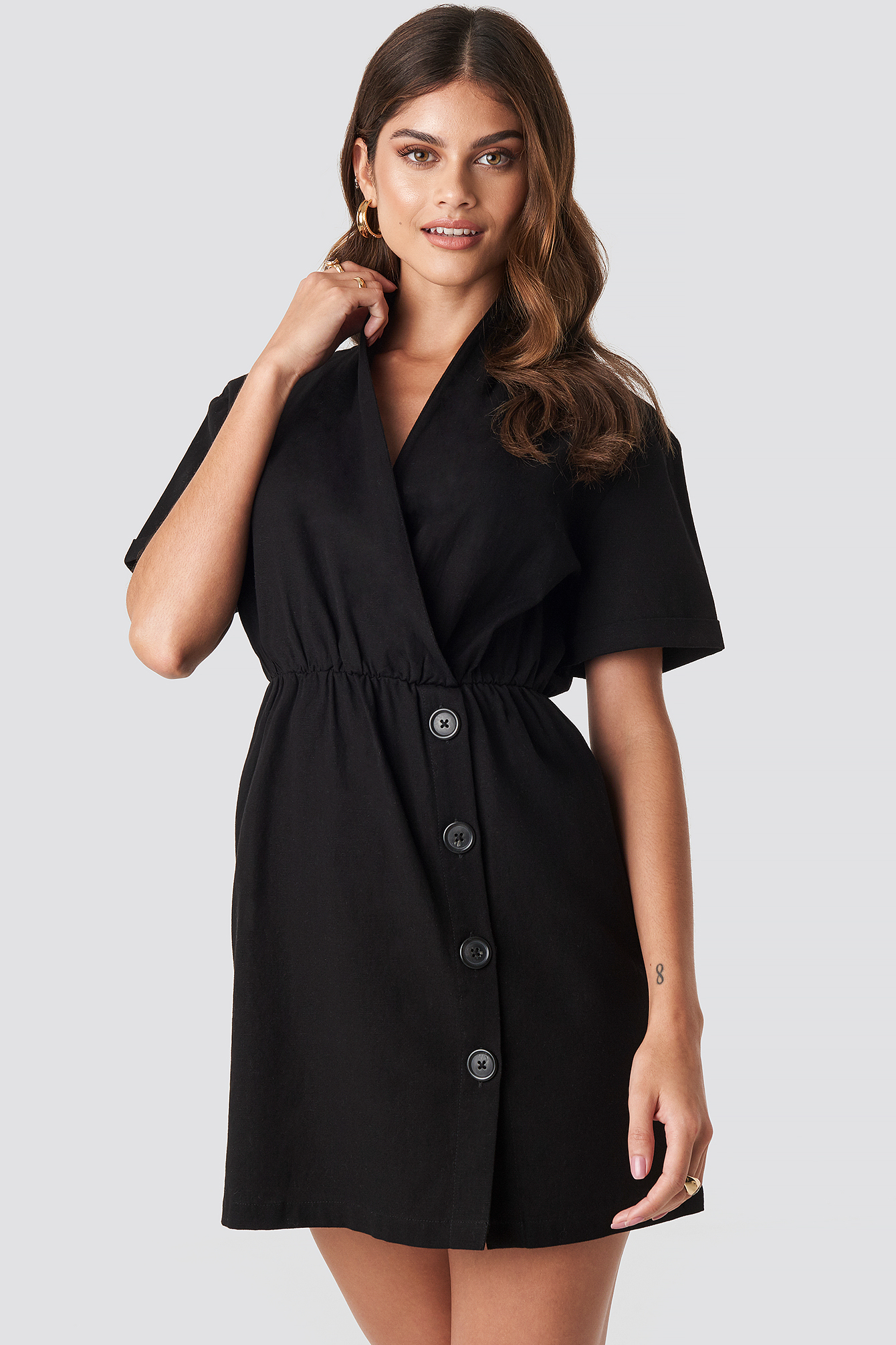 Button Up Overlapped Linen Look Dress Black