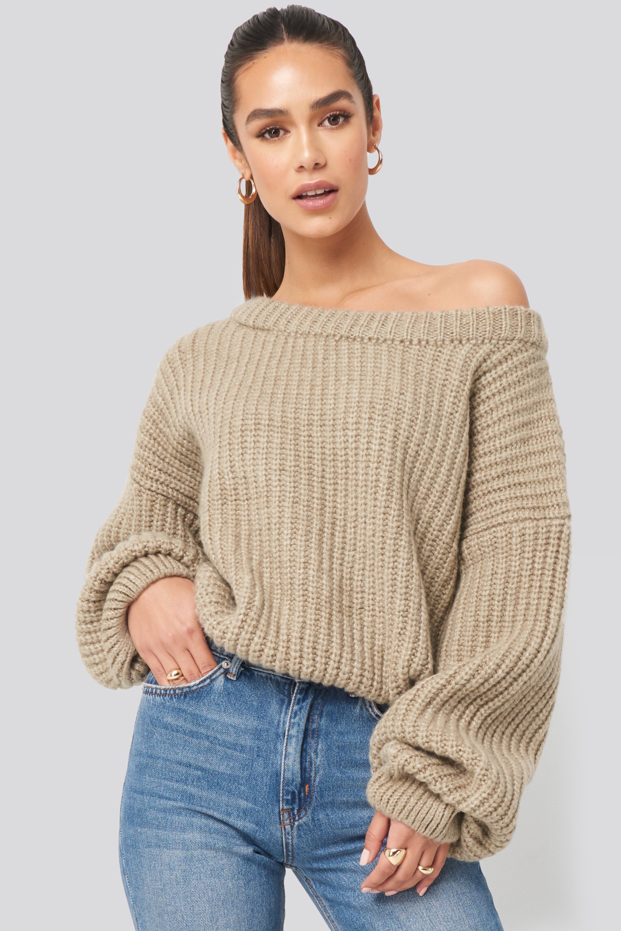 Chunky Knitted Off Shoulder Sweater Beige | na-kd.com
