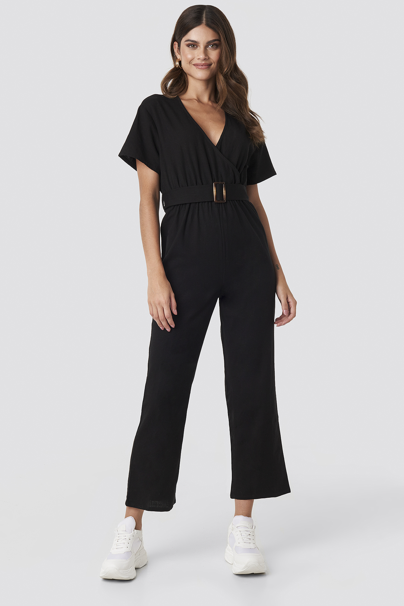 Overlapped Belted Linen Look Jumpsuit Black