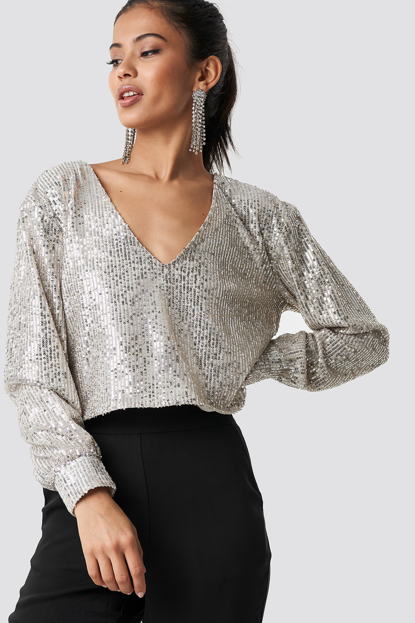 Oversized Wide Neck Sequin Blouse Silver | na-kd.com