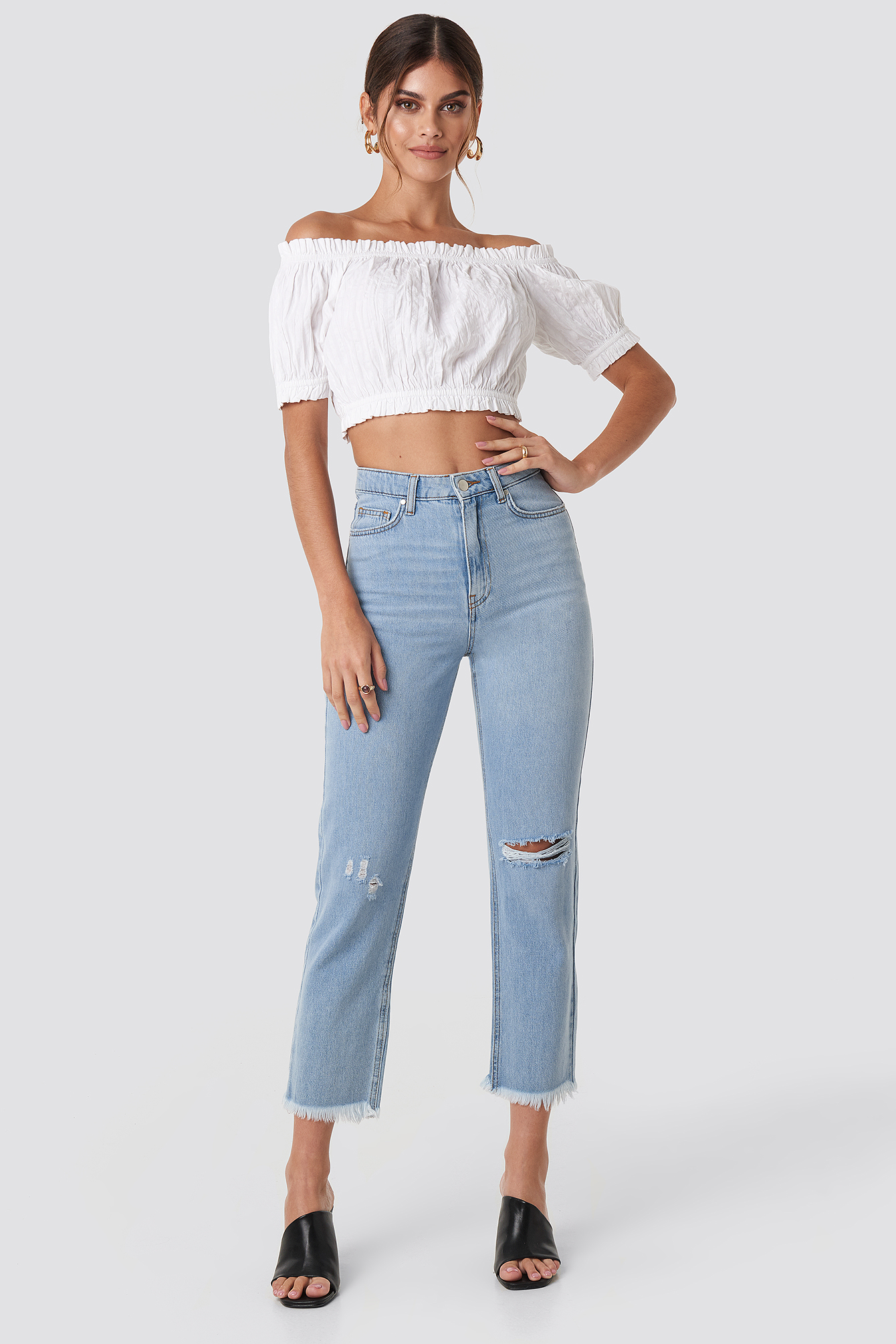 Ripped Straight Fit Denims Light Blue