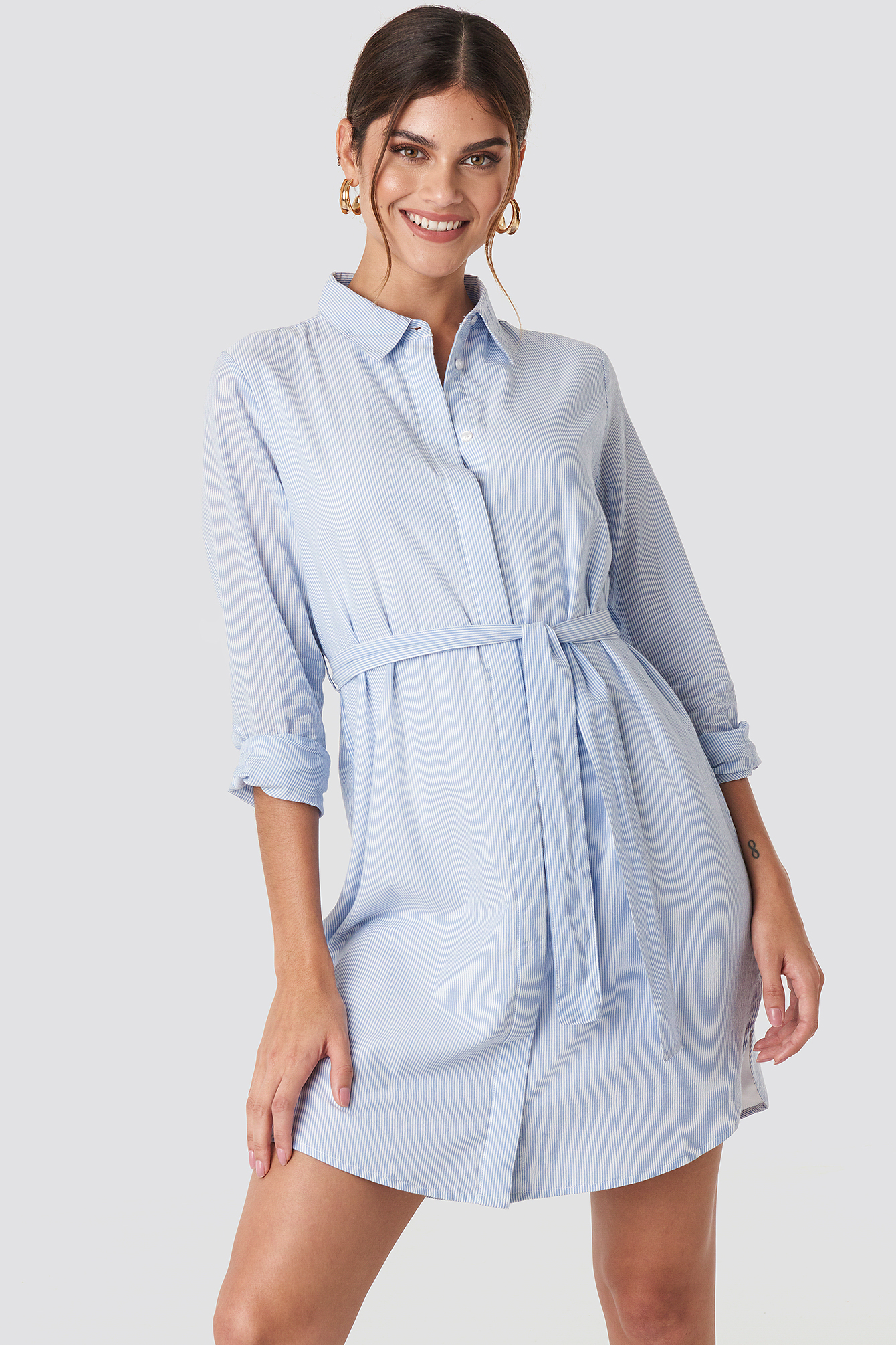 Tied Waist Cotton Shirt Dress Blue/White Stripe