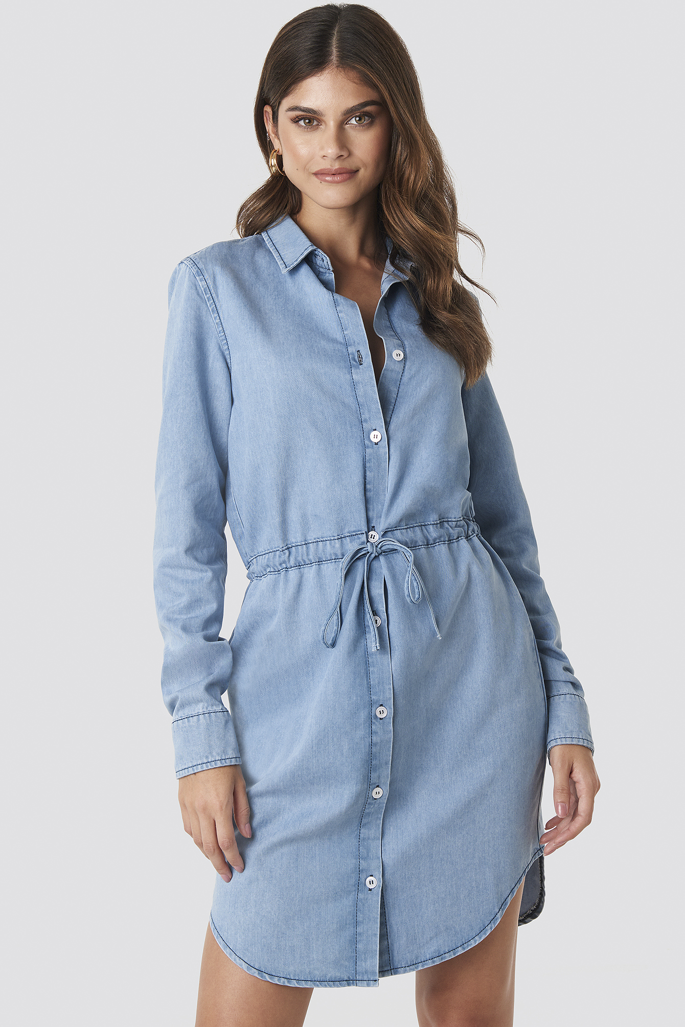Tied Waist Denim Shirt Dress Light Blue