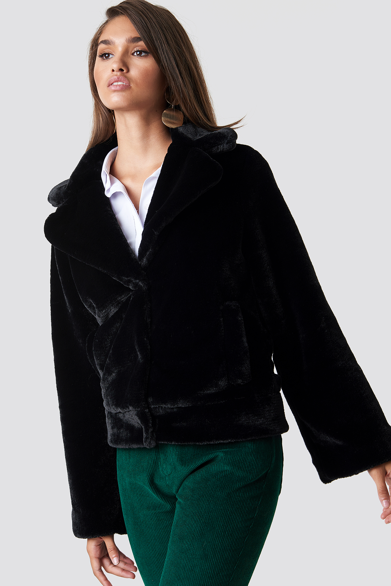 Wide Sleeve Faux Fur Jacket Black