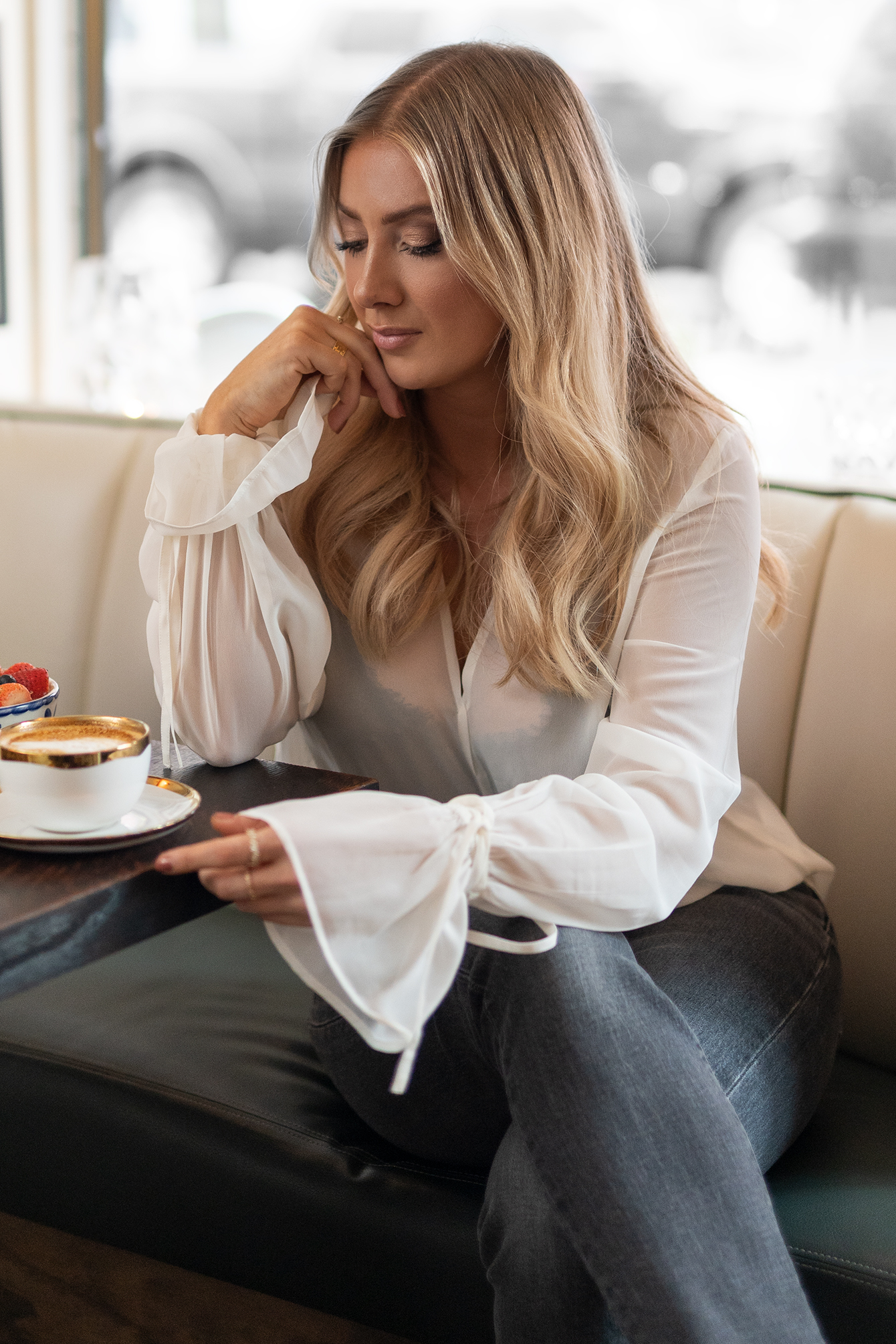 Sheer V-Neck Top Off White